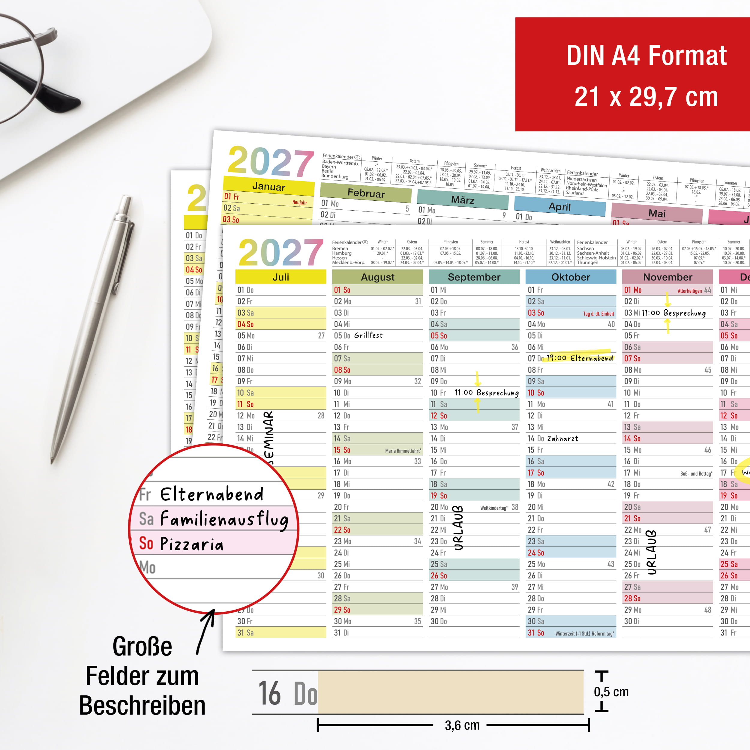 Tafelkalender 2027 Bunt A4 - 3er Set