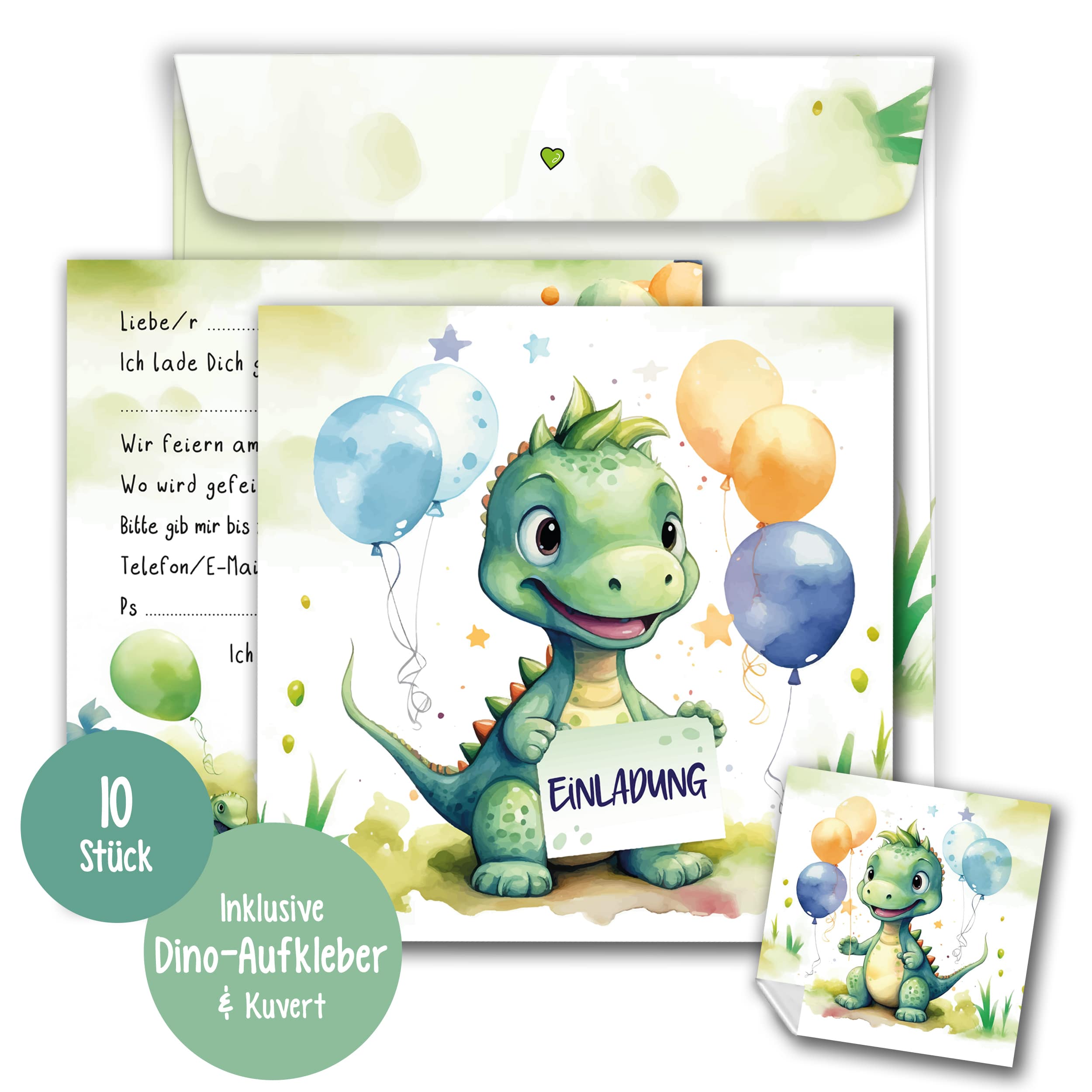 Einladungskarten Dino inkl. Sticker 10er Set Einladungskarten Dino inkl. Sticker 10er Set