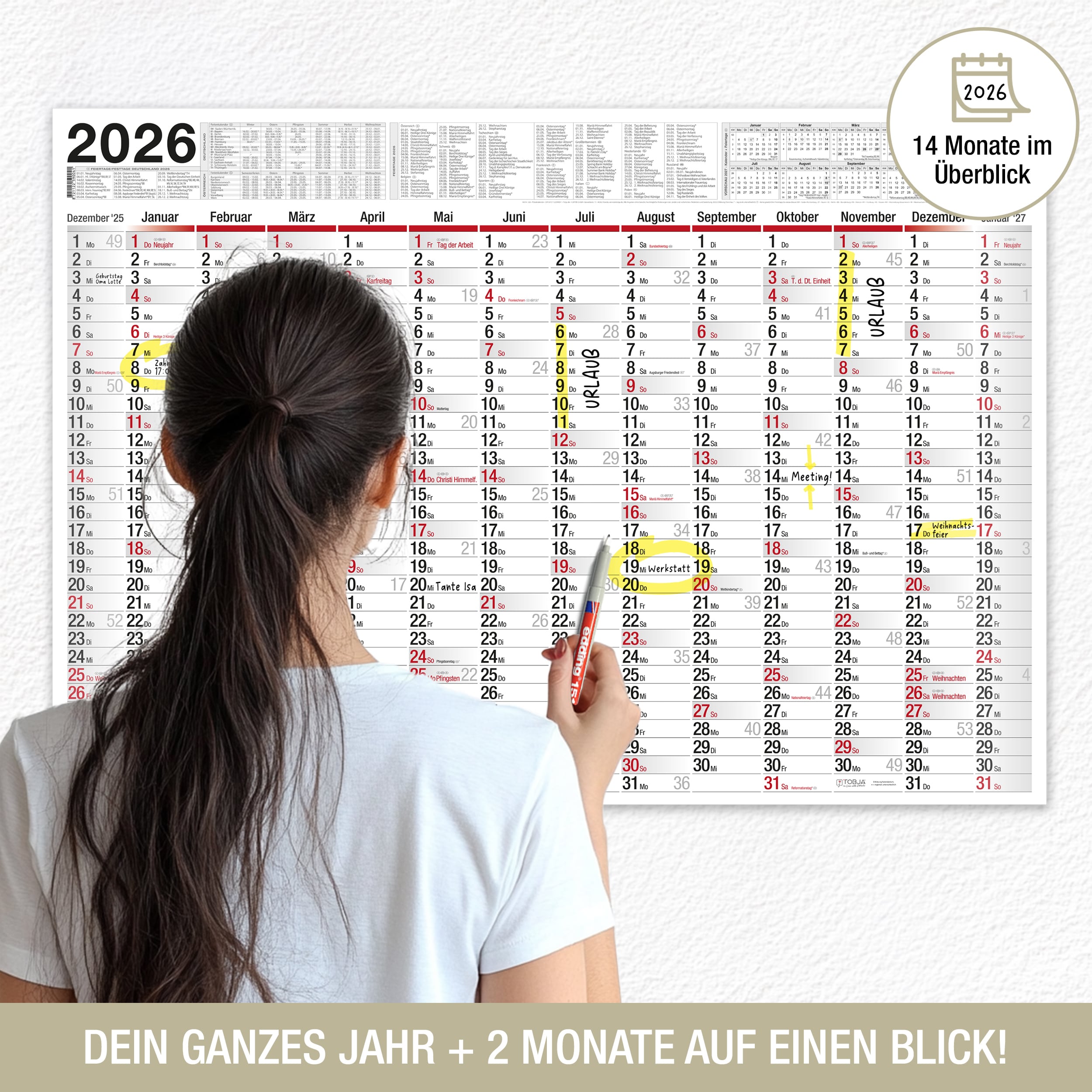Wandkalender 2026 "Big Planer" [abwischbar] Kalender + 1 Stift
