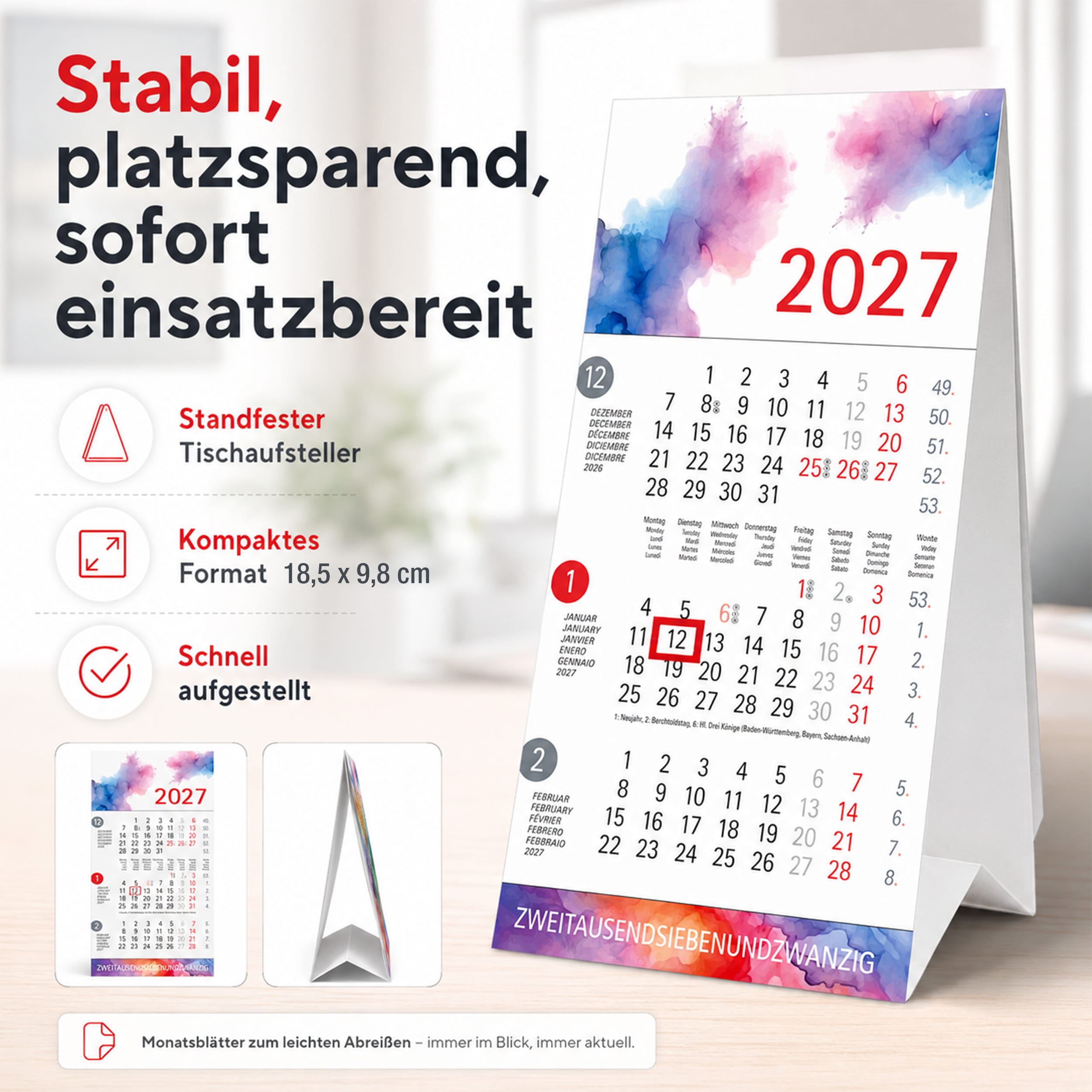 Tischkalender 2027 Aquarell – 3 Monatskalender