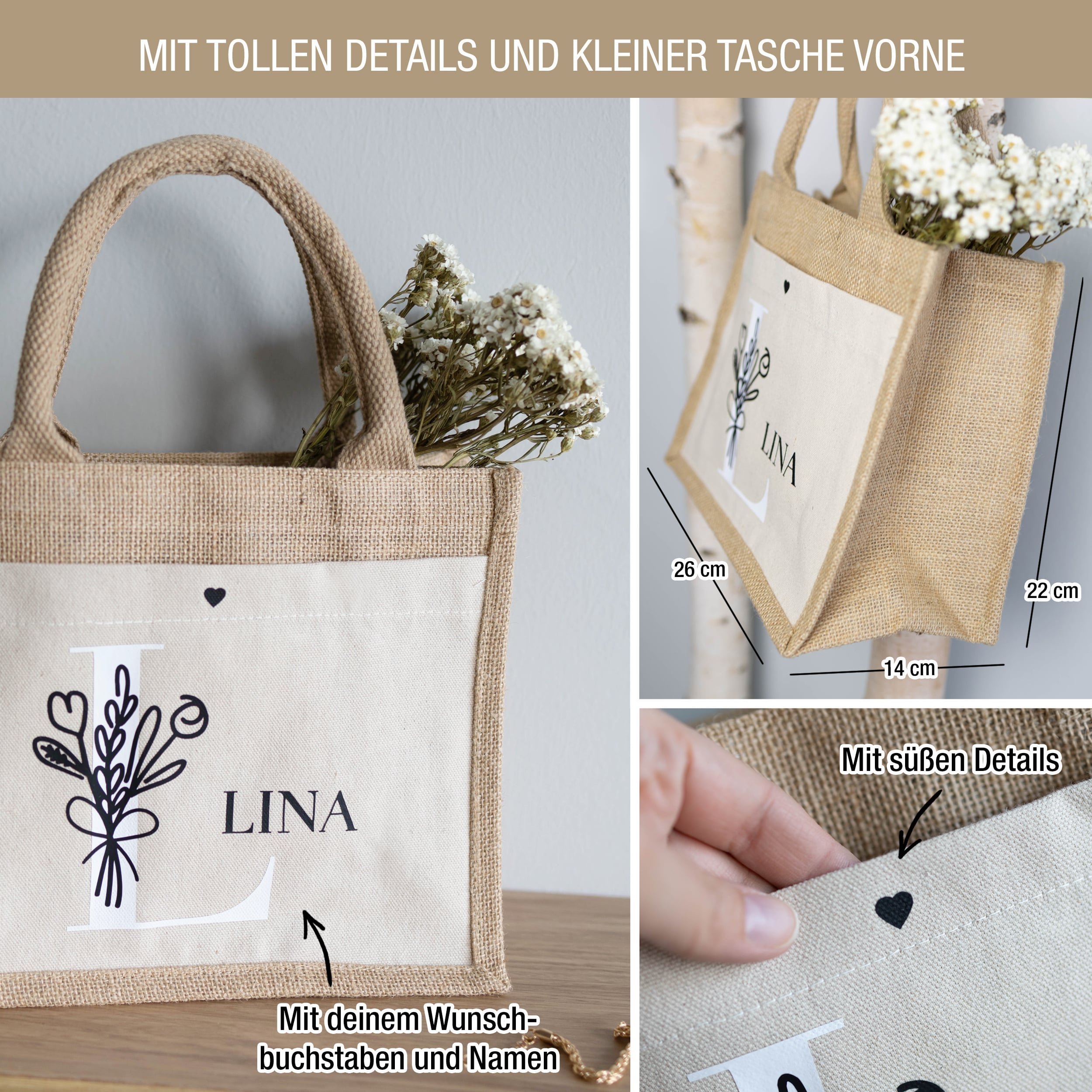 Personalisierte Jutetasche "Blumendesign" Individuelle Taschen mit Charme S 26 x 22 x 14