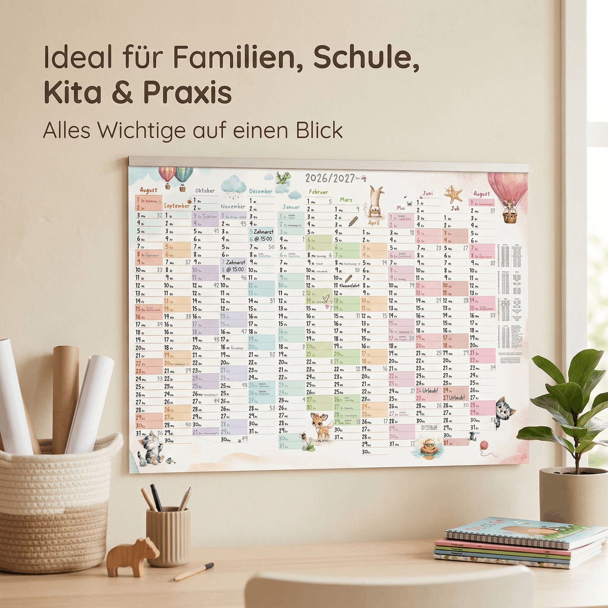 Schuljahreskalender A1 2026/2027 „Tierwelt Pastell"