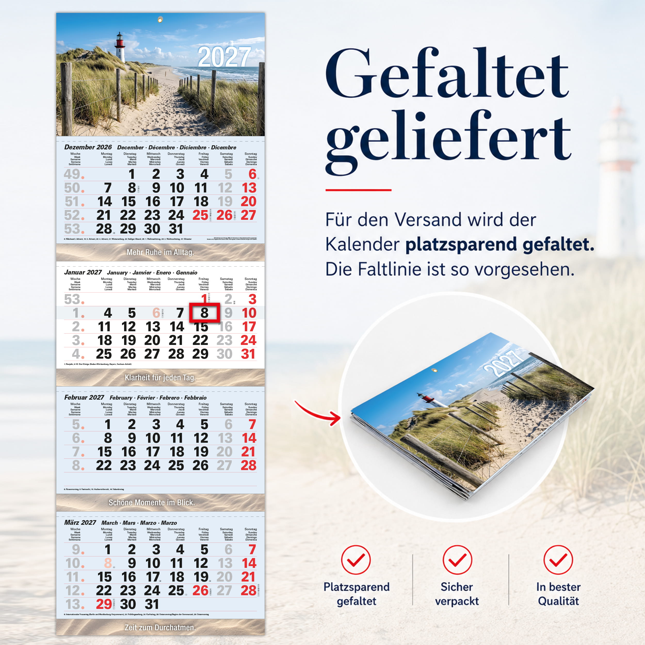 4-Monatskalender 2027 Nordsee Leuchtturm 32x95,5