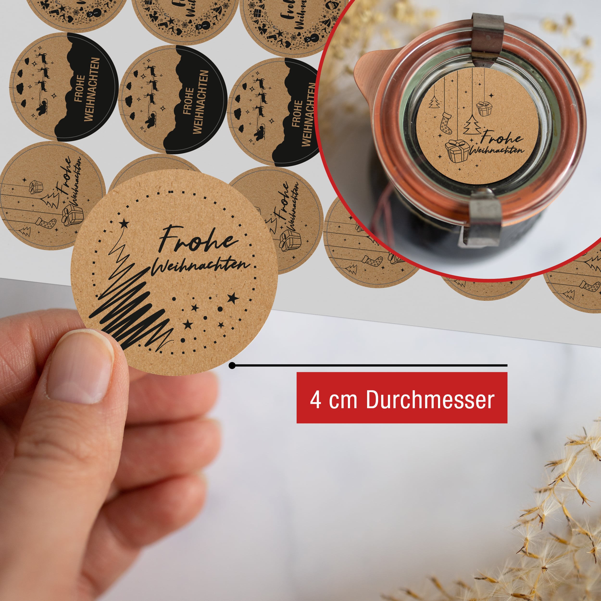 Sticker 4-er Set Bögen "Frohe Weihnachten" Kraftpapier