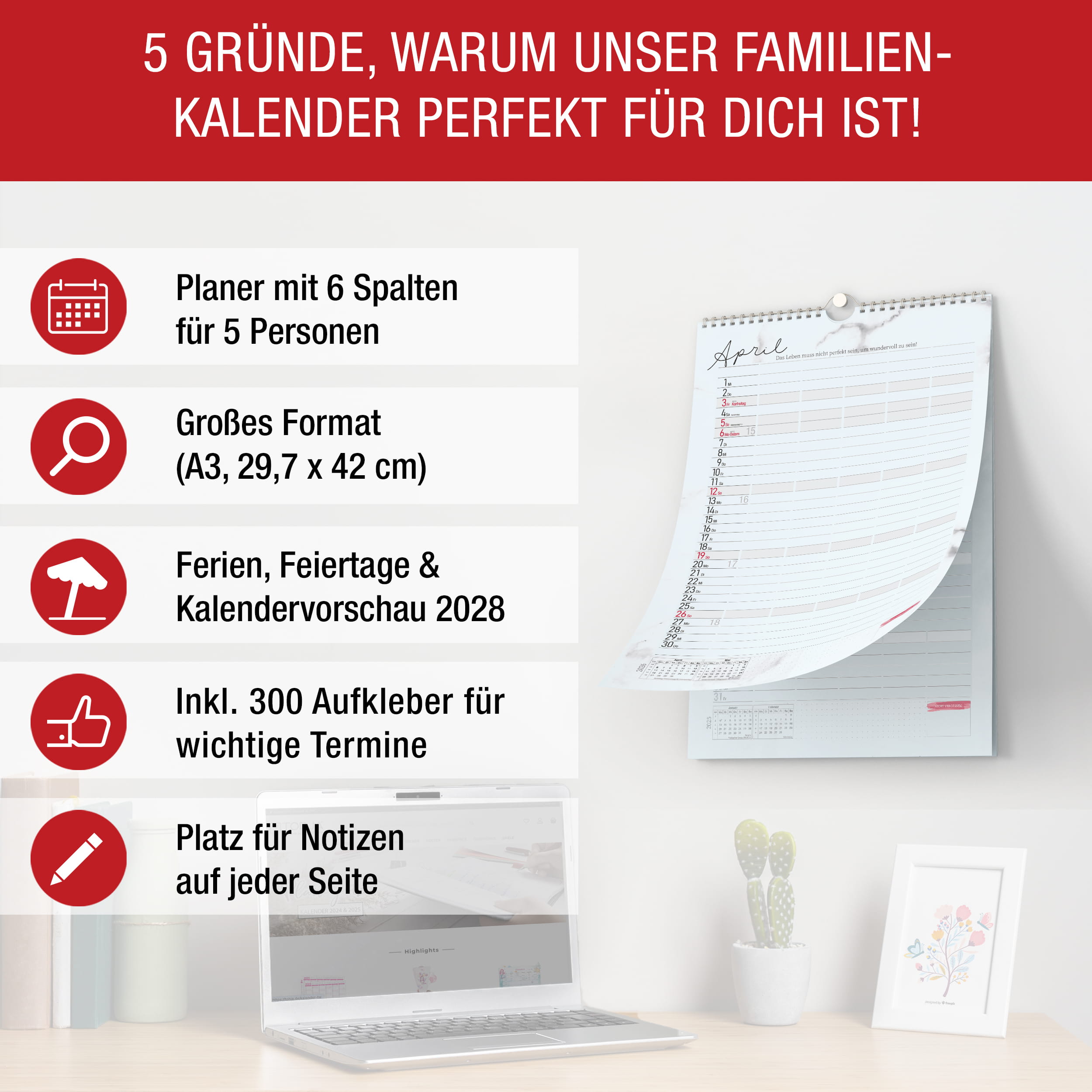 Familienkalender 2027 A3 Marmor – 6 Spalten