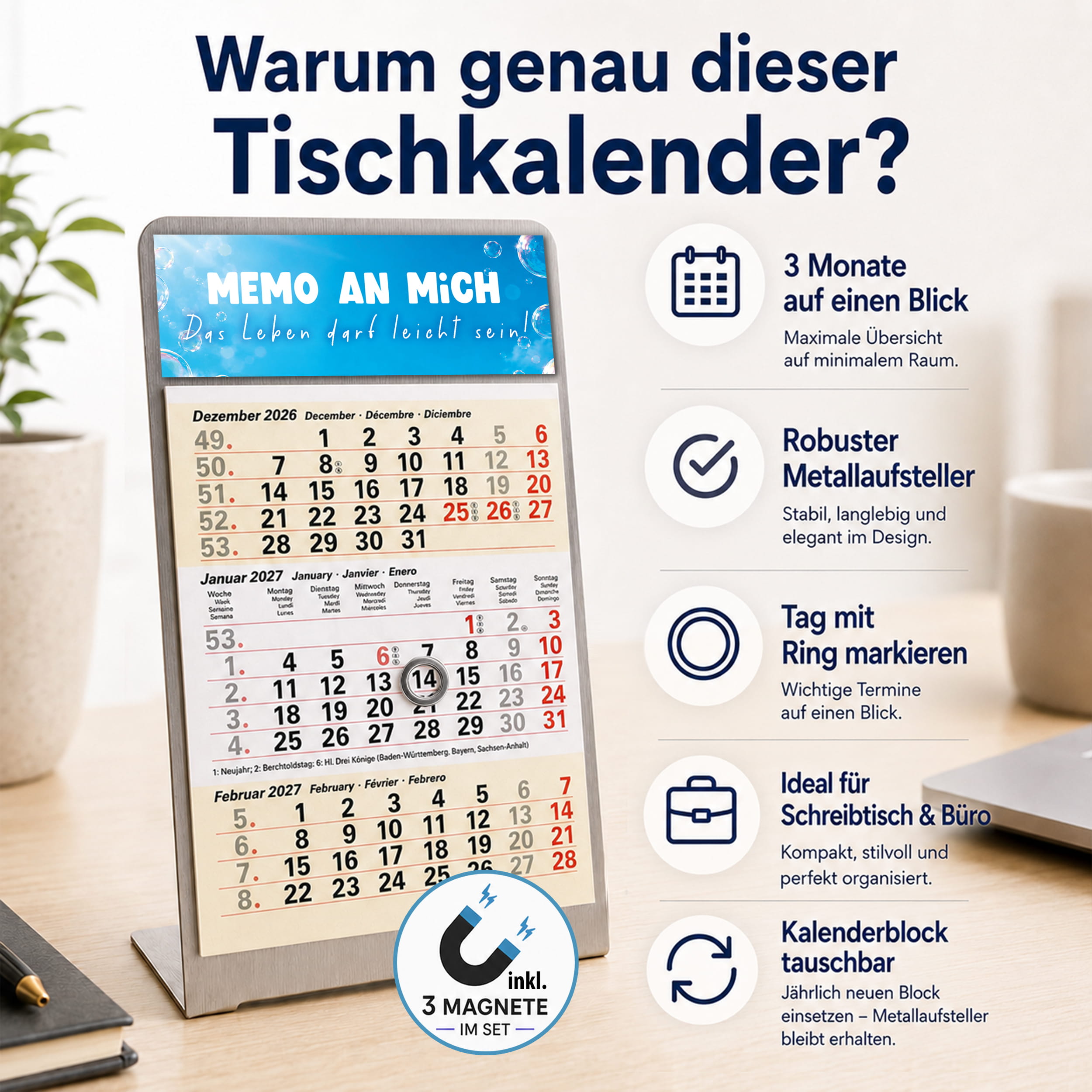 Magnet-System Sand – Komplettset 2027: Aufsteller + Kalender + Magnetset Gute Laune