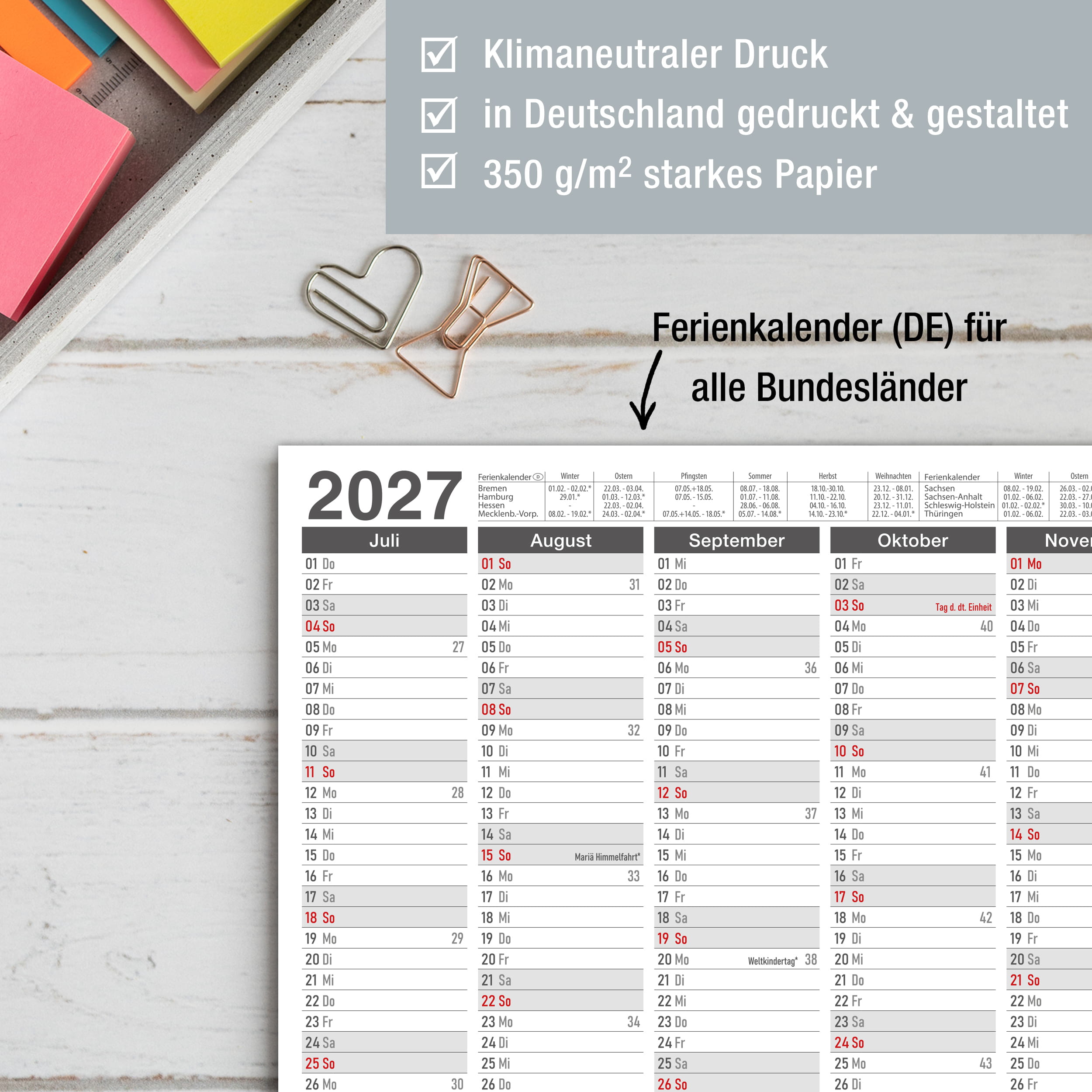 Tafelkalender 2027 bunt DIN A4 - 3er Set