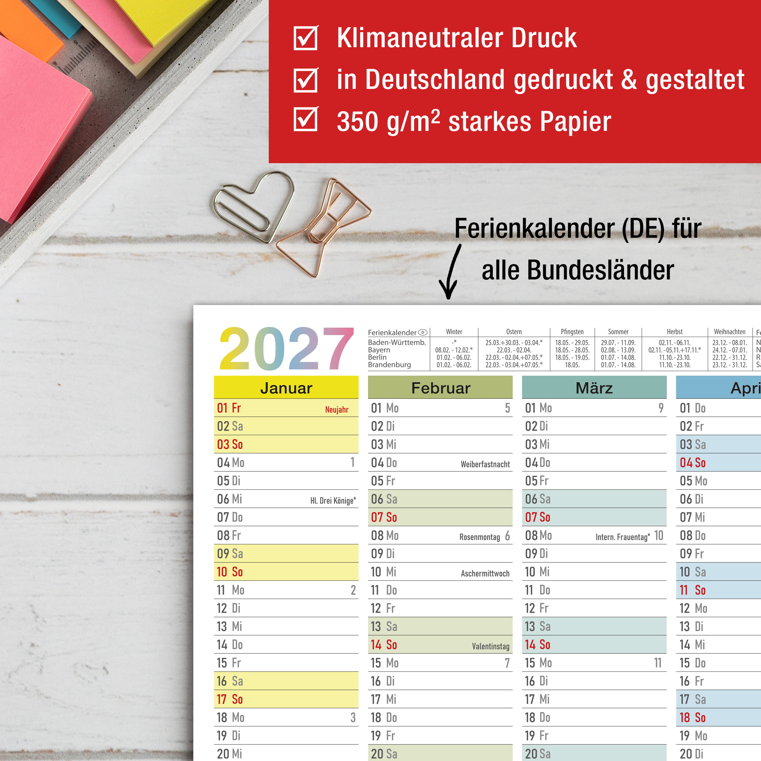 Tafelkalender 2027 Bunt A4 - 3er Set