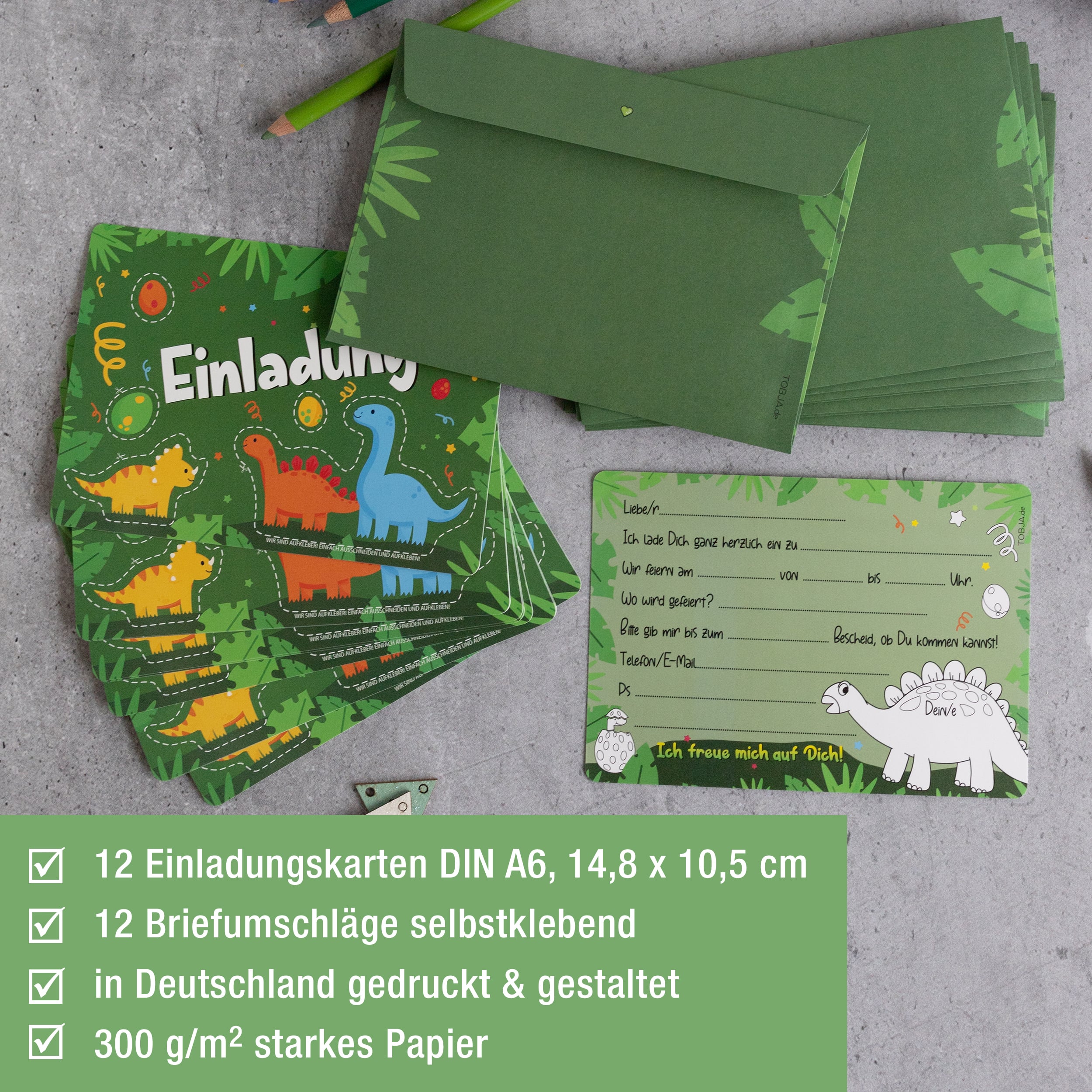 12 Einladungskarten inkl. Umschläge "Dino Party" 12 Einladungskarten inkl. Umschläge "Dino Party"