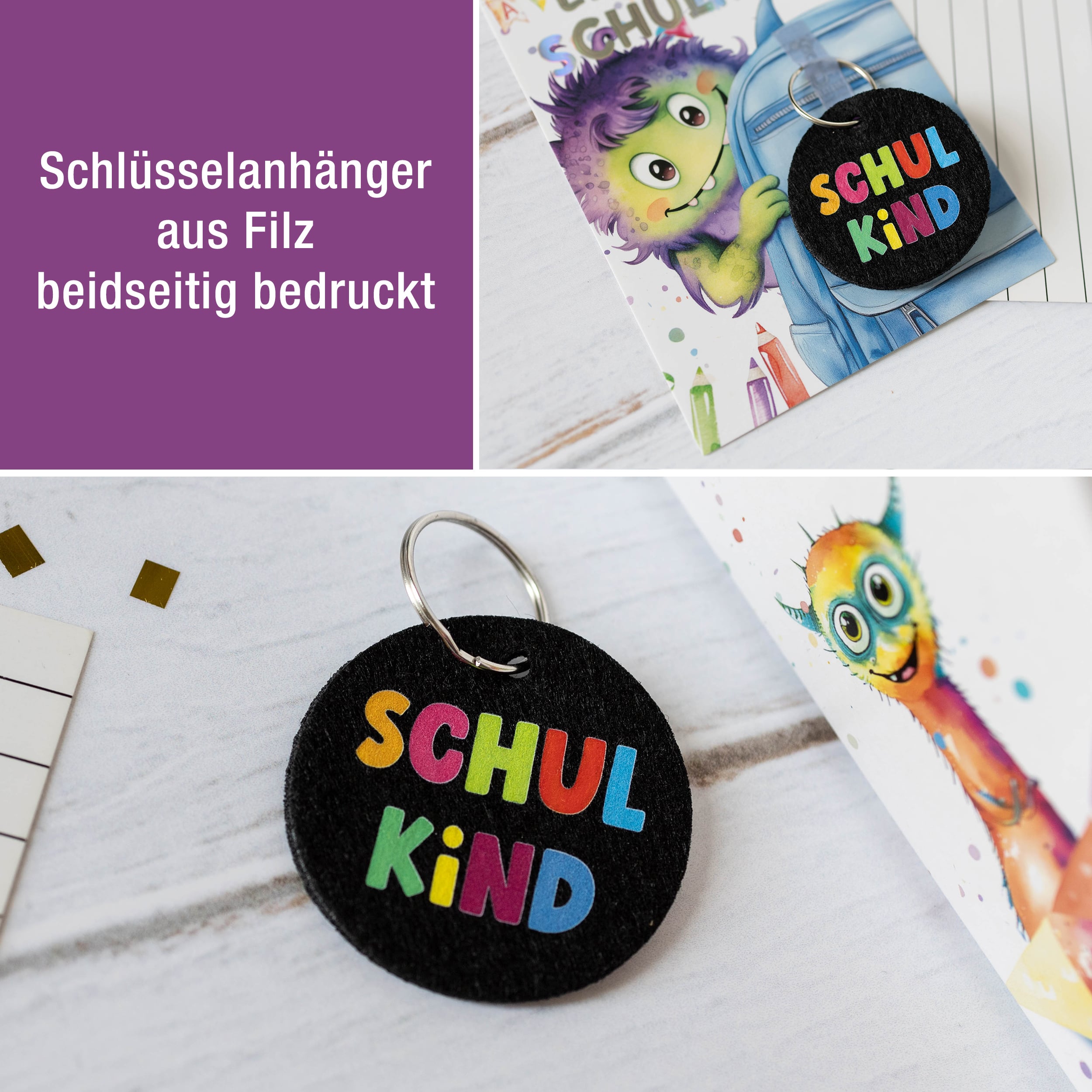 A6 Karte Glückwunsch Einschulung Monster + Anhänger Ohne Name