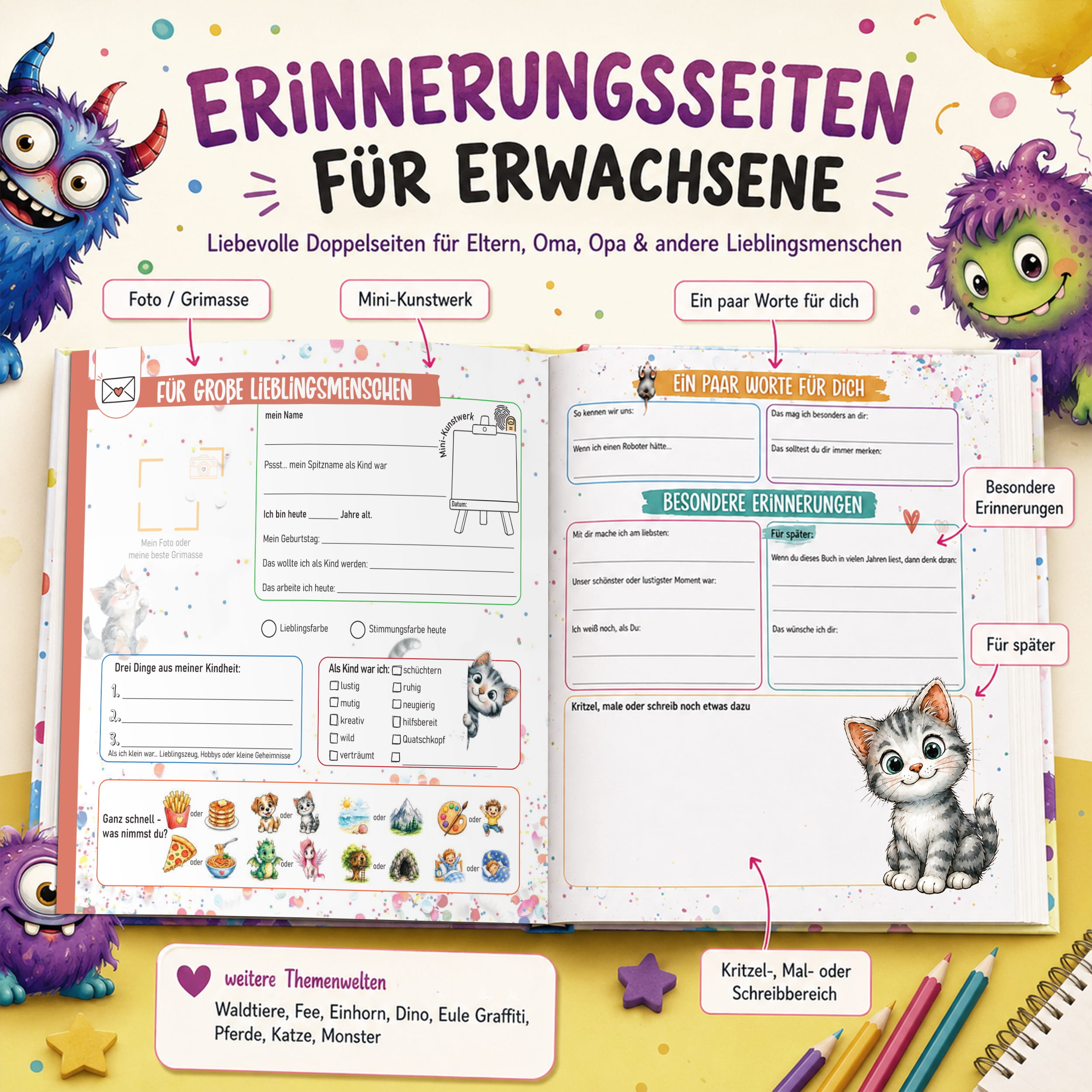 Freundebuch Grundschule Monster – 21 x 21 cm Hardcover