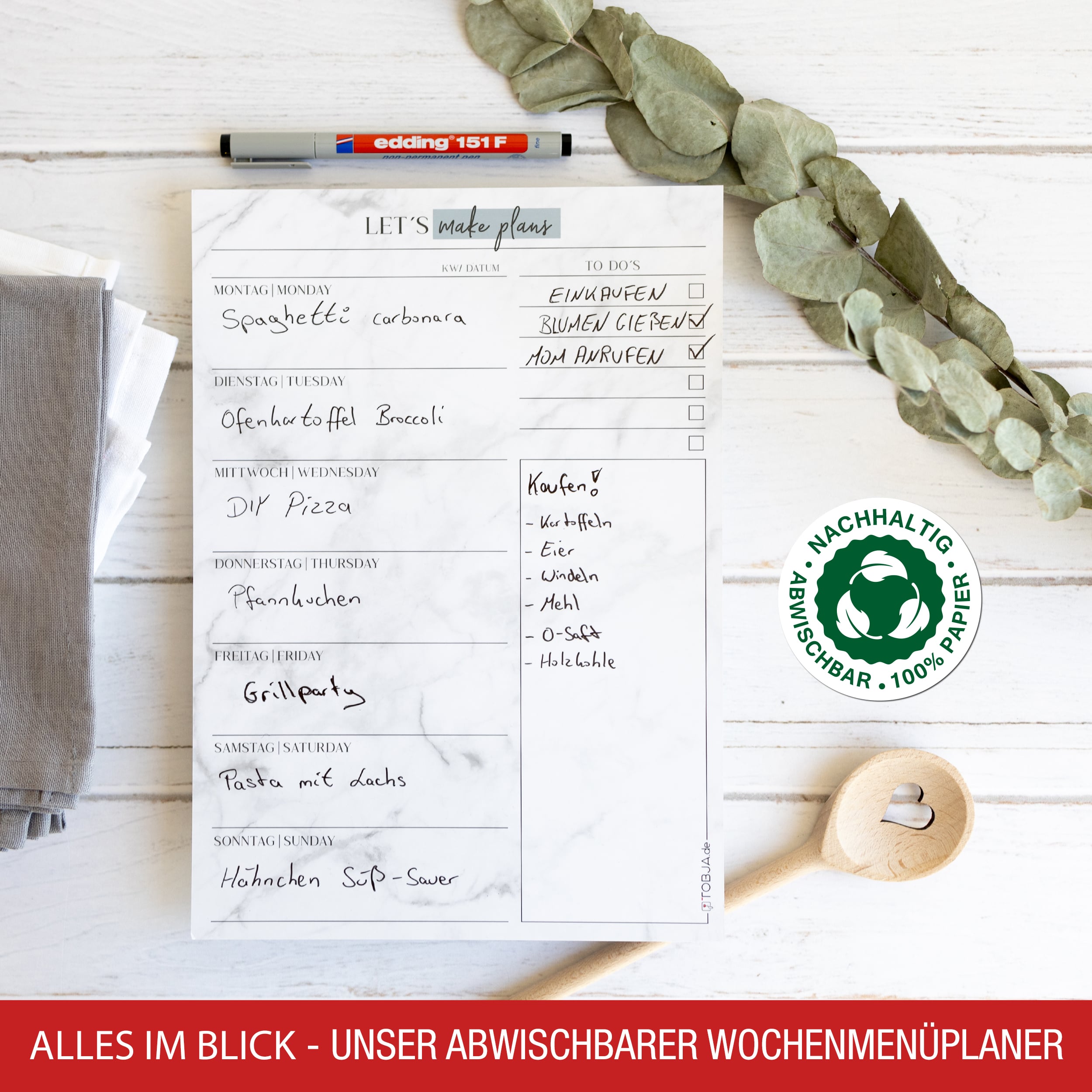 Menüplaner abwischbar inkl. Stift