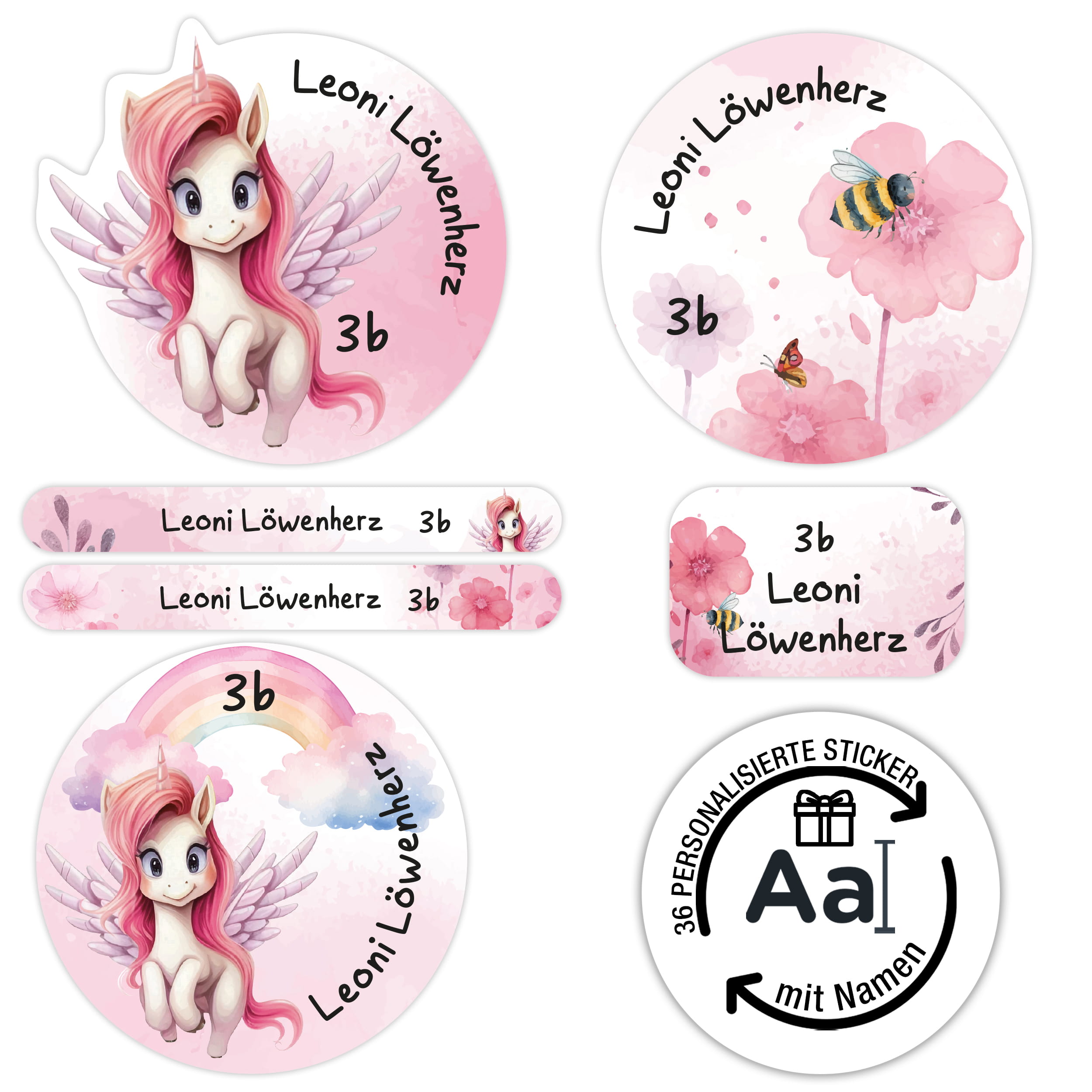 Namensaufkleber Kinder Schule personalisiert Alicorn