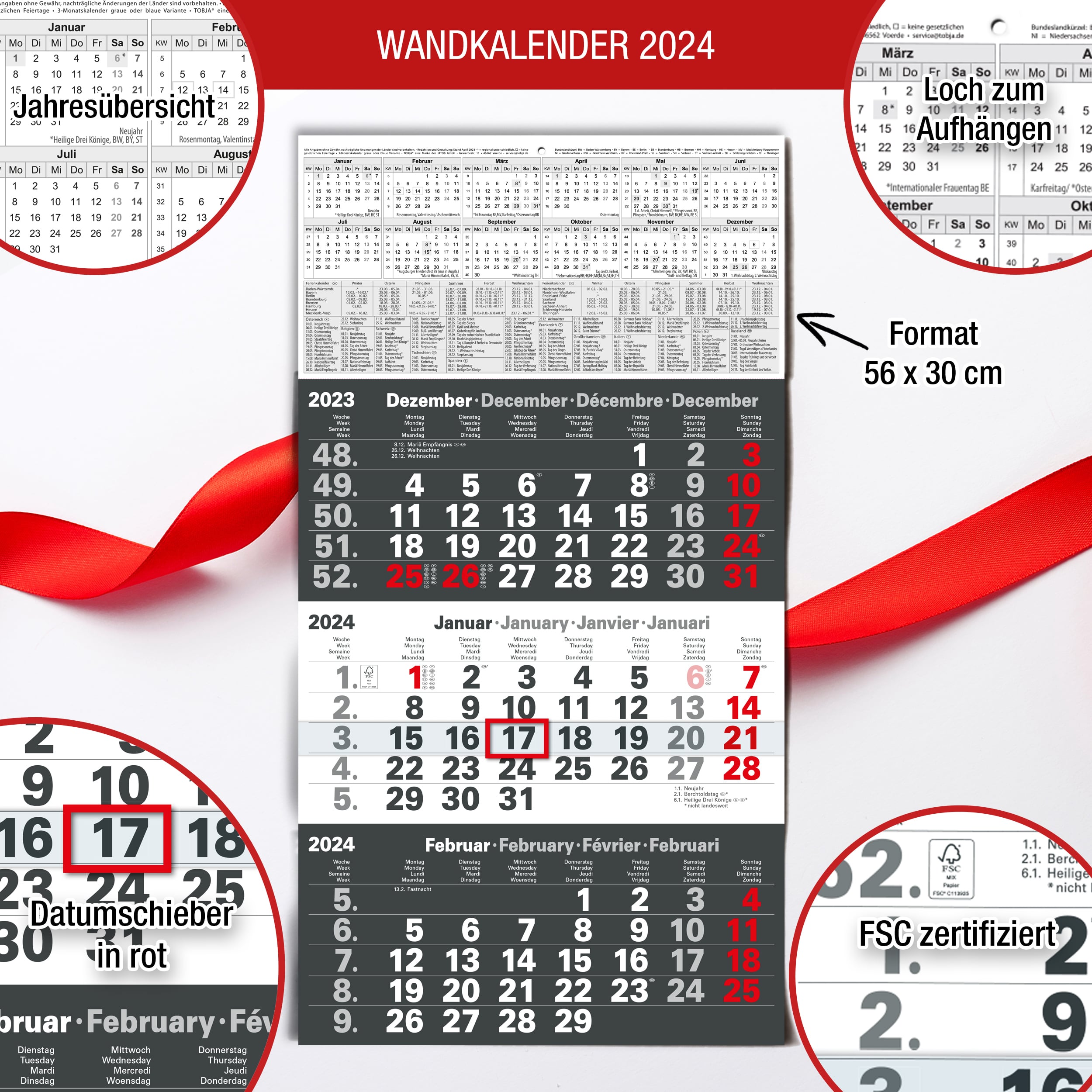 3-Monatskalender 2024 Bürokalender Anthrazit