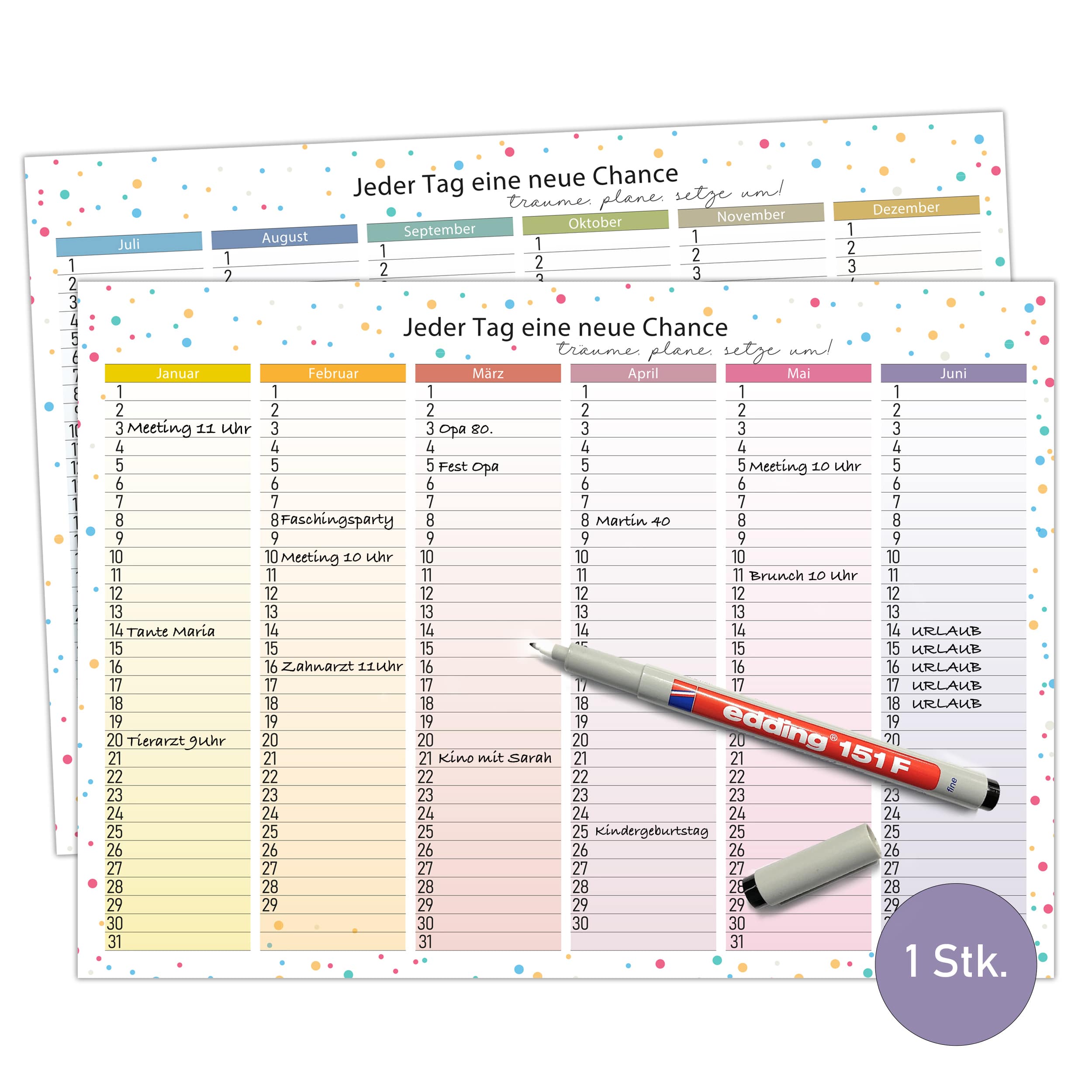 Immerwährend Kalender A4 "bunt" abwischbar