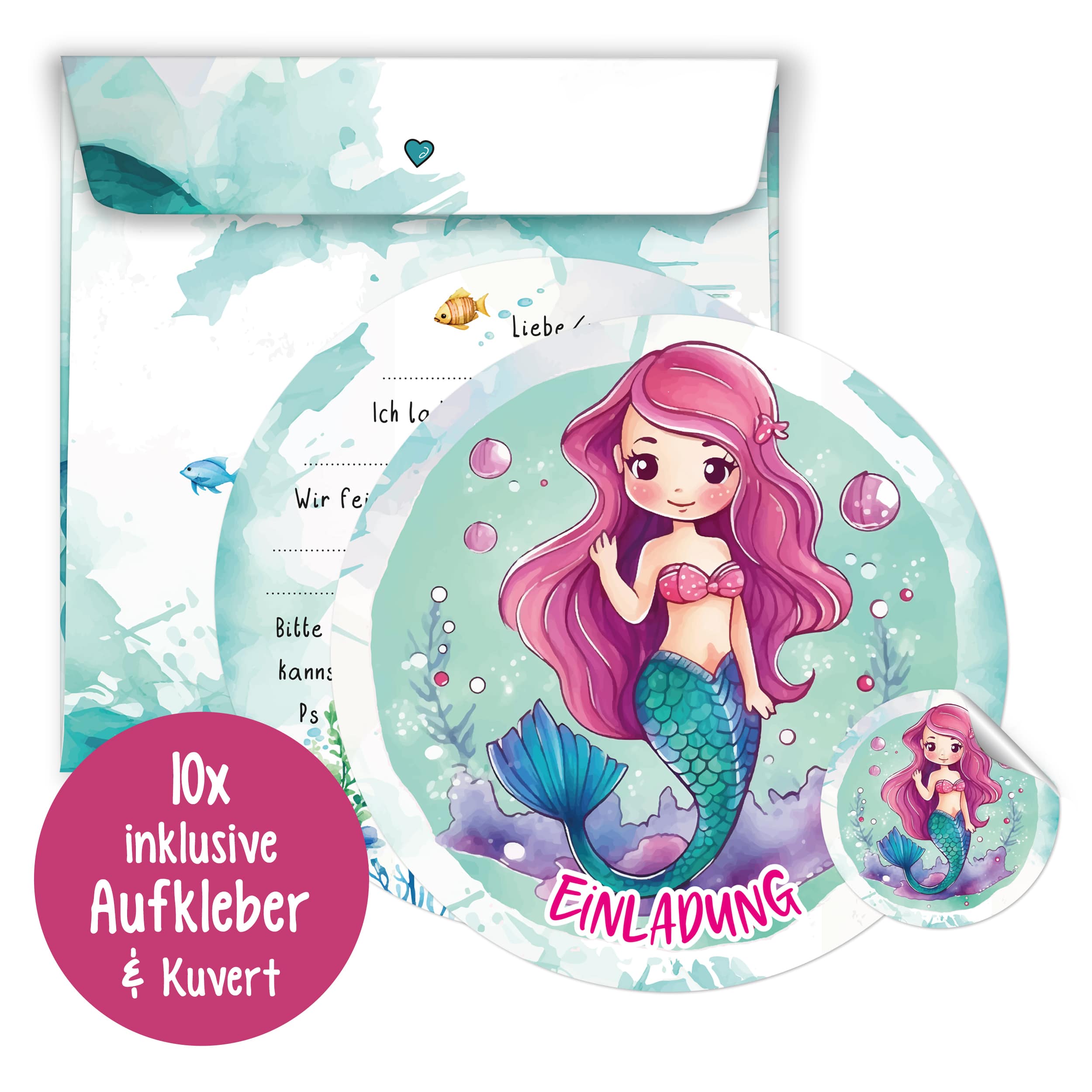 Einladungskarten Meerjungfrau inkl. Sticker 10er Set