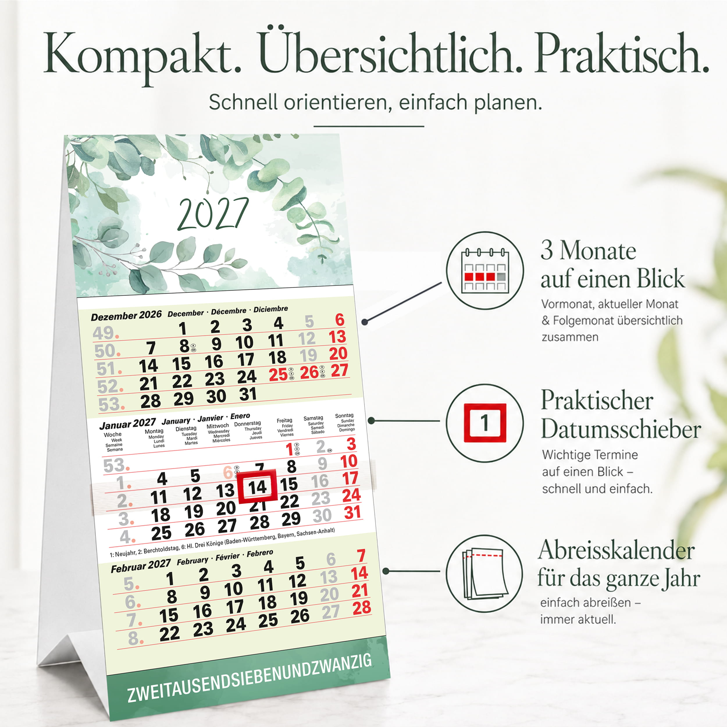 Tischkalender 2027 Eukalyptus – 3 Monatskalender
