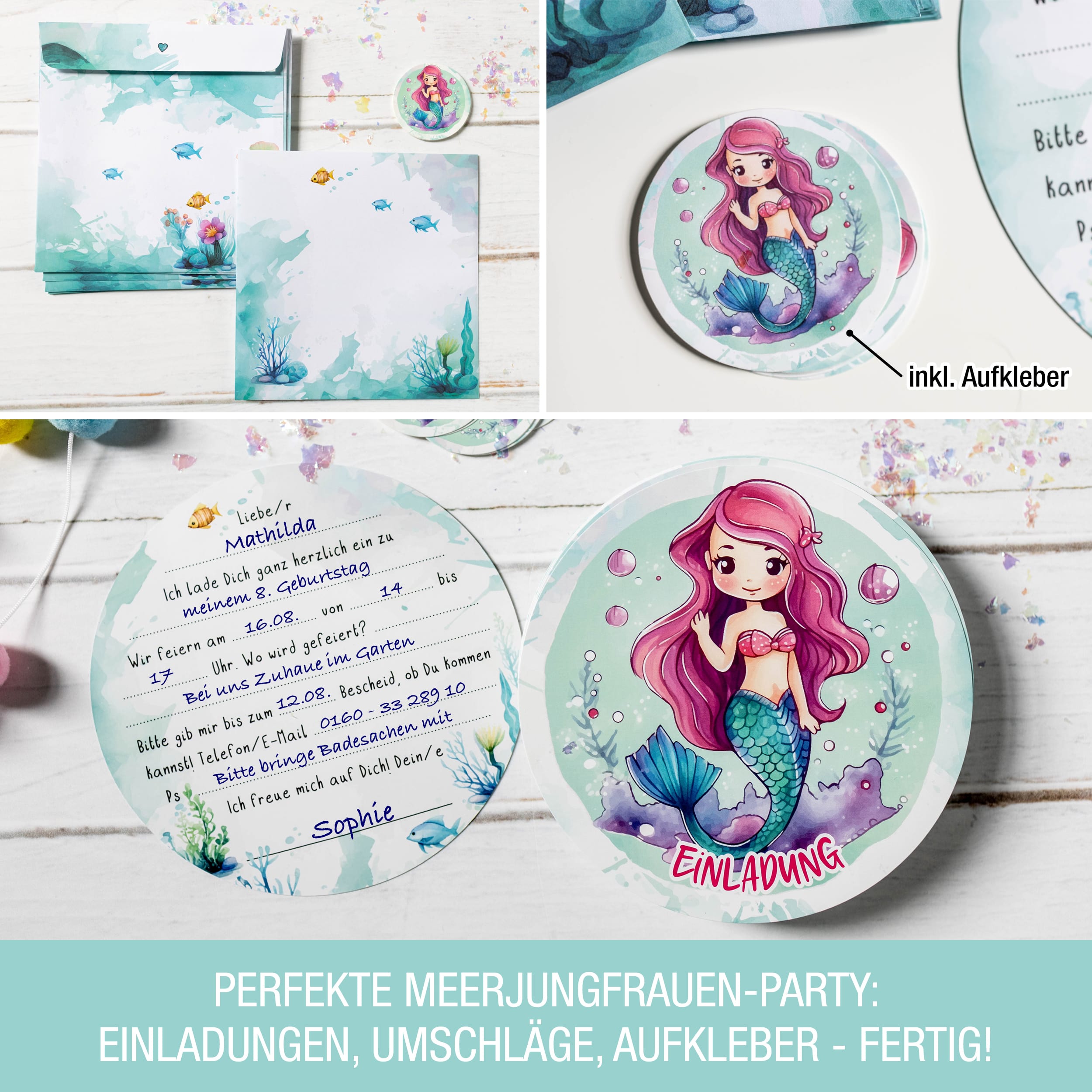 Einladungskarten Meerjungfrau inkl. Sticker 10er Set