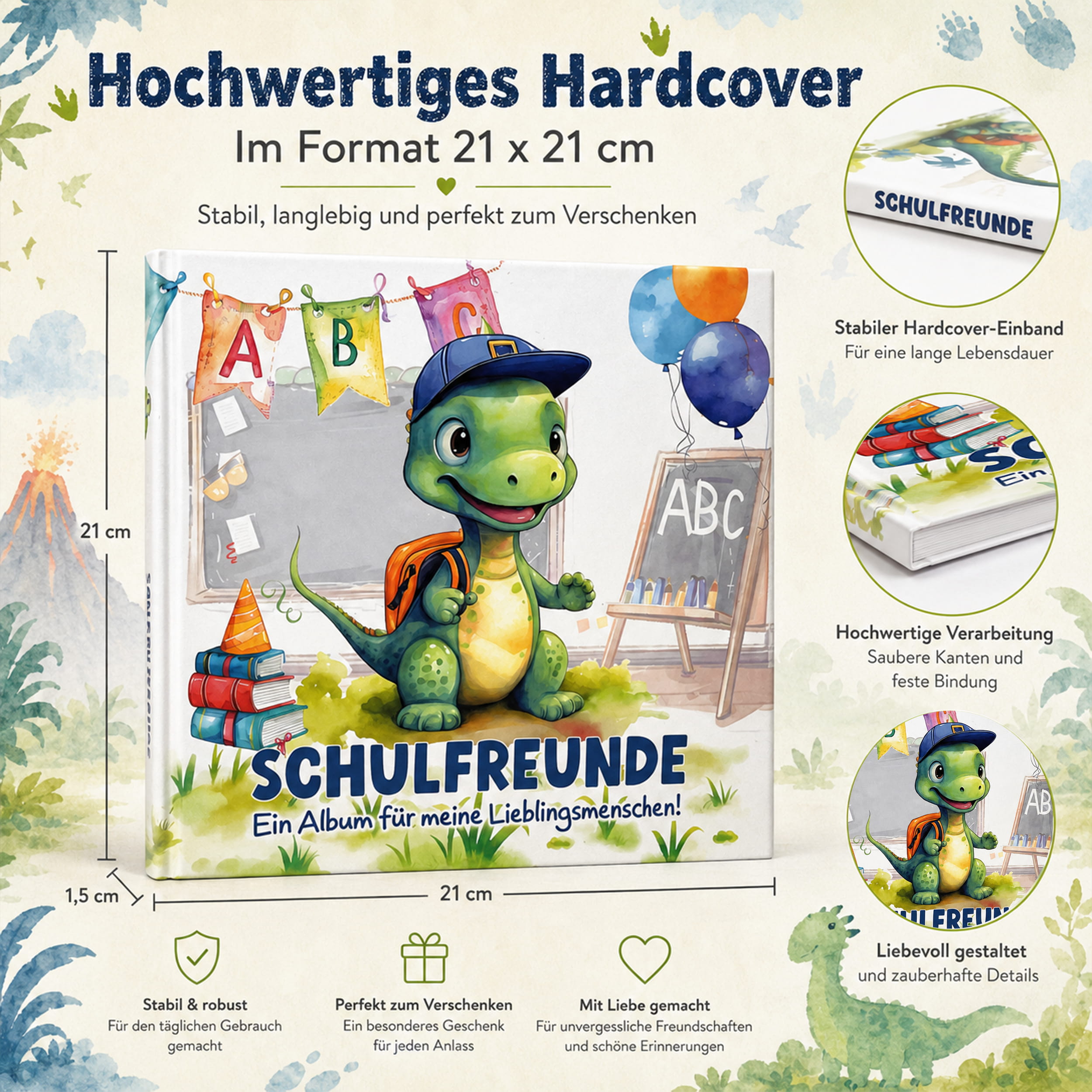 Freundebuch Grundschule Dino – 21 x 21 cm Hardcover