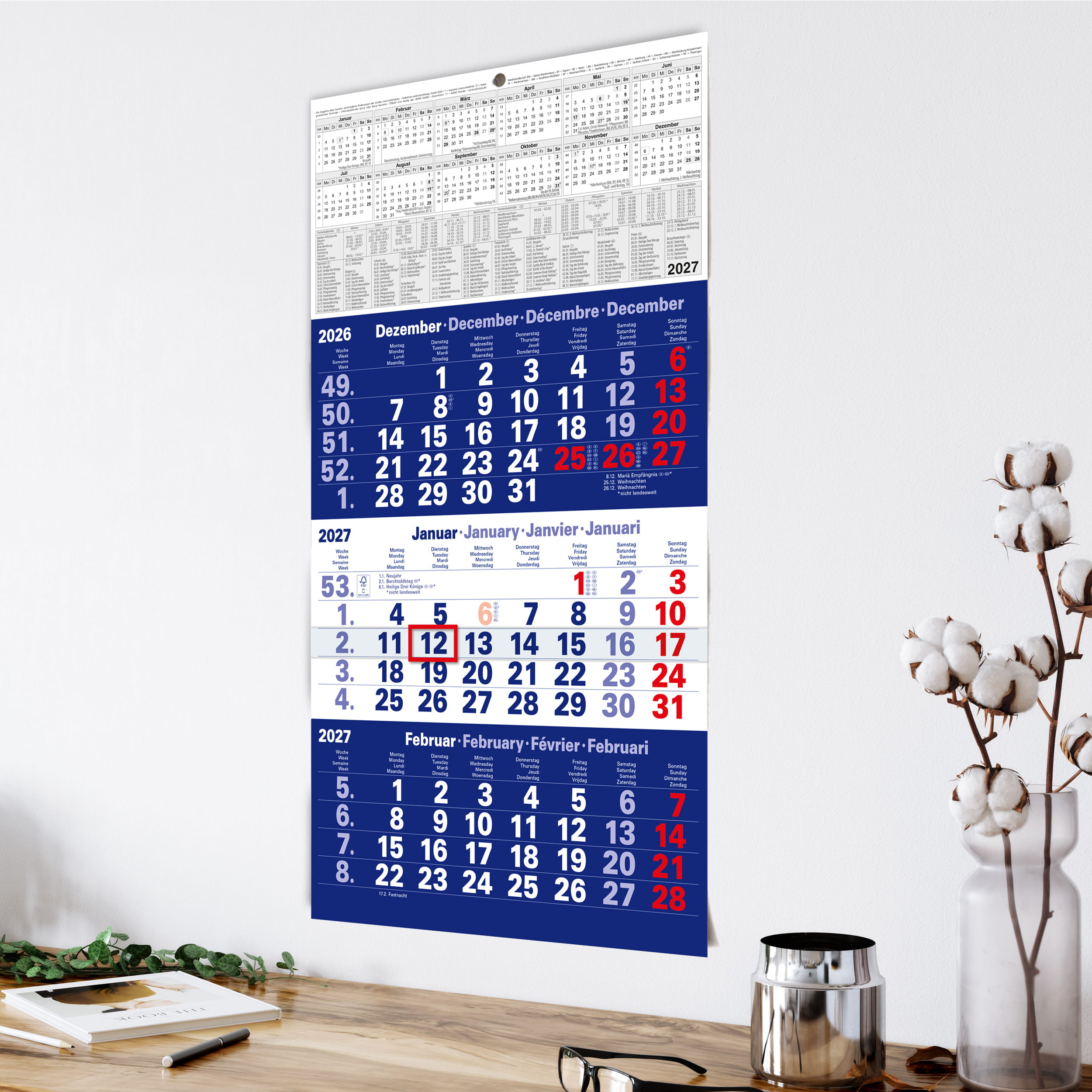 3-Monatskalender 2027 Blau 30x56