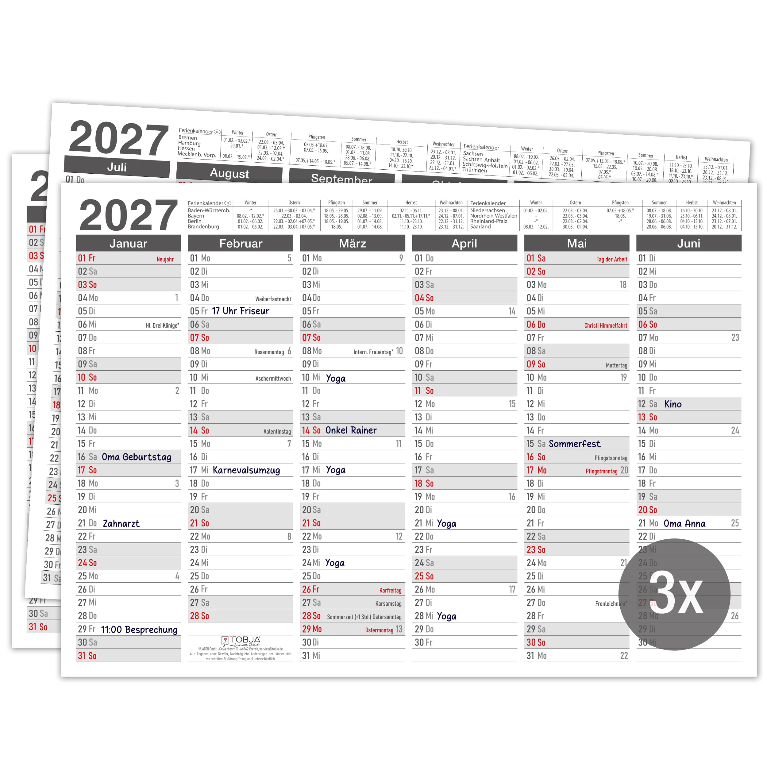 Tafelkalender 2027 bunt DIN A4 - 3er Set