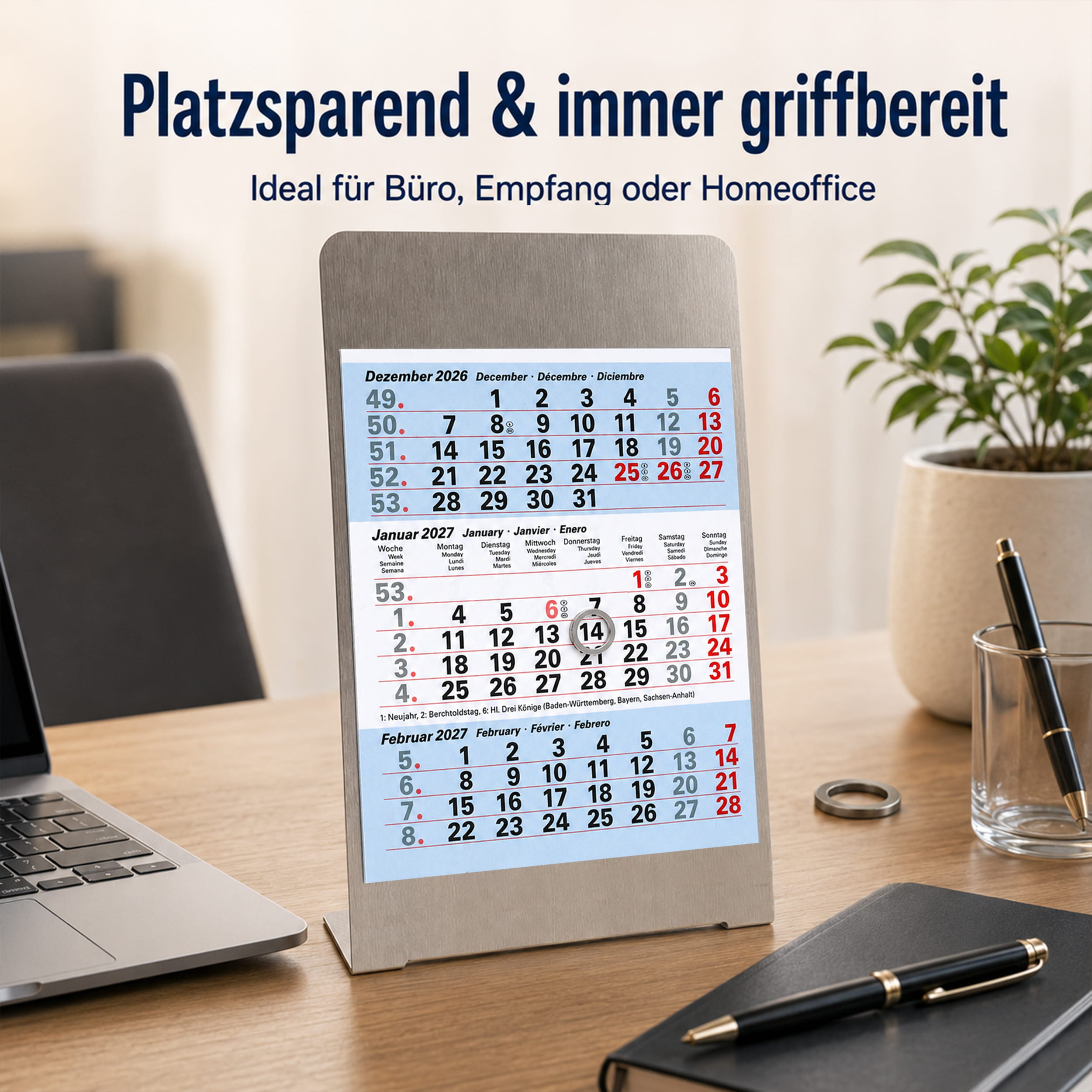 Magnet-System Ice – Tischkalender 2027 mit Metallaufsteller