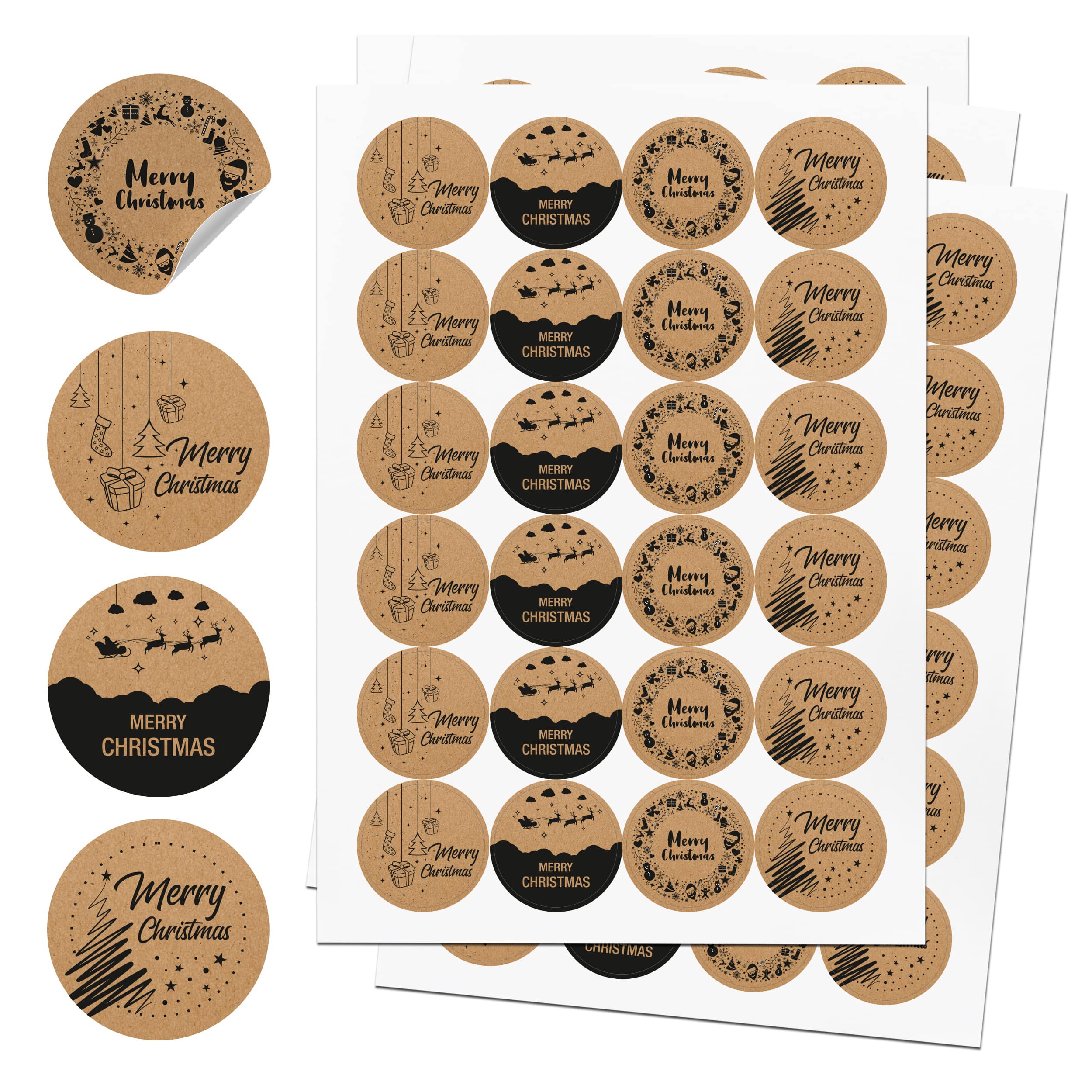 Sticker 4-er Set Bögen "Merry Christmas" Kraftpapier Sticker 4-er Set Bögen "Merry Christmas" Kraftpapier