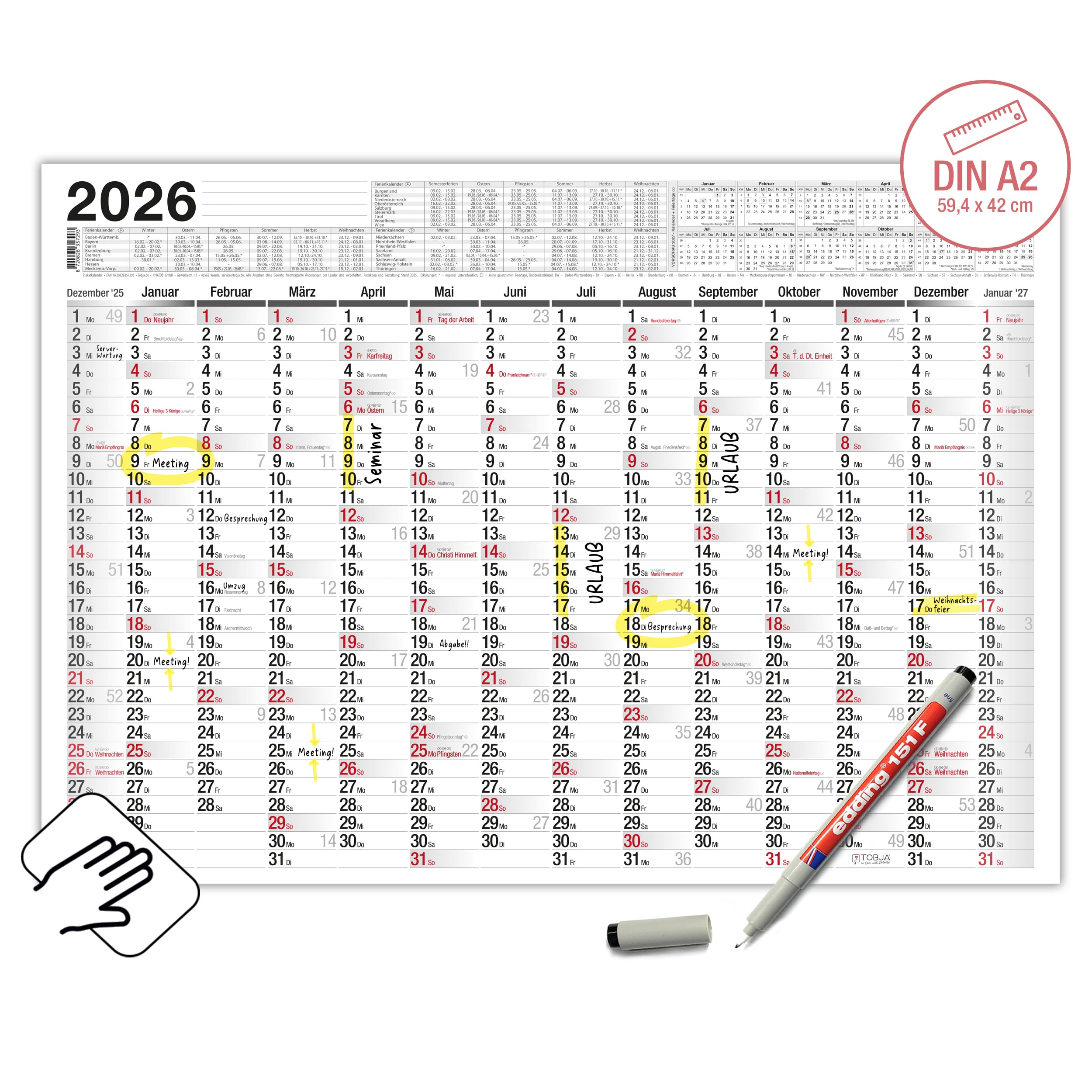 Abwischbarer Wandkalender 2025 A2 inkl. 1 Markenstift Abwischbarer Wandkalender 2026 A2 inkl. 1 Markenstift