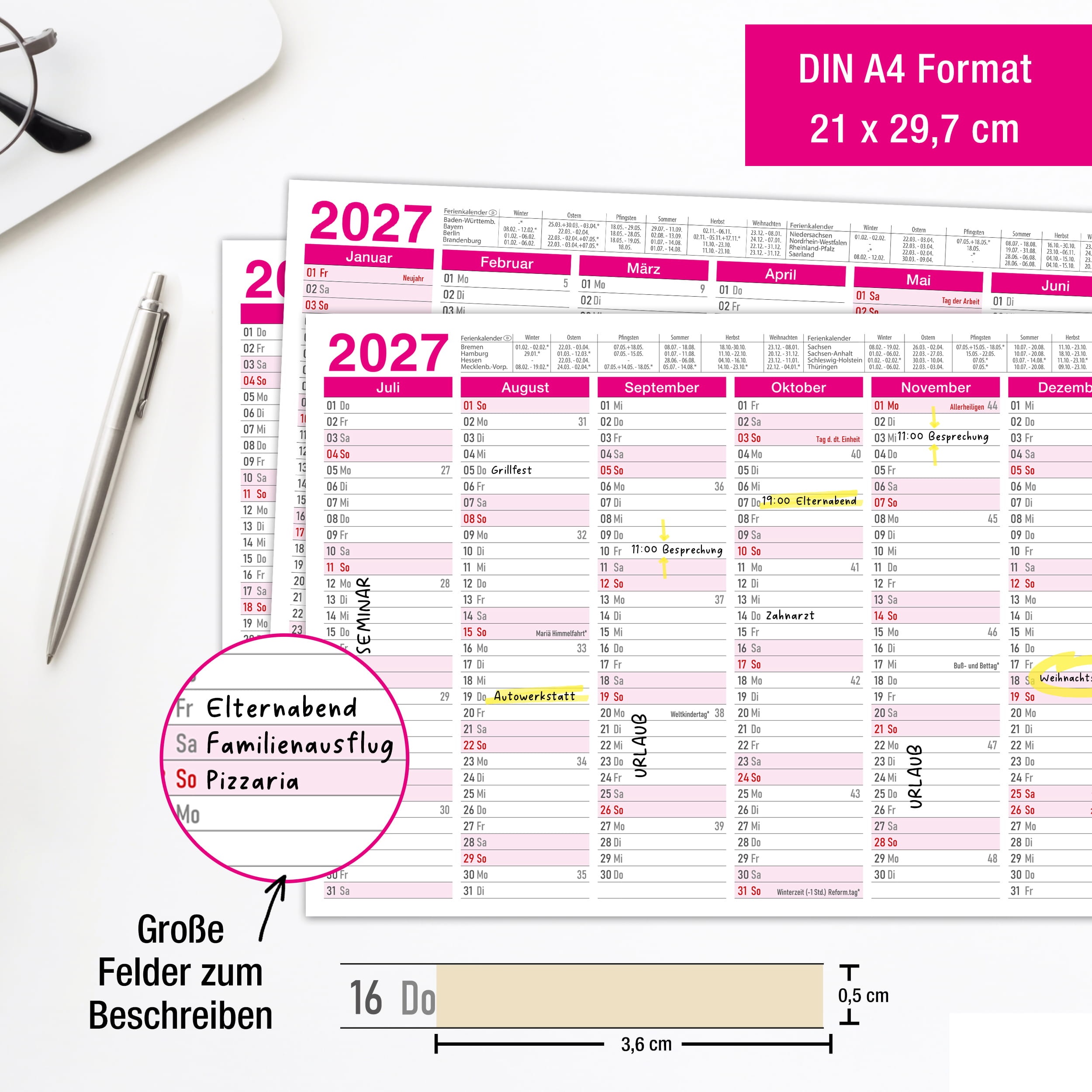Tafelkalender 2027 Pink A4 - 3er Set