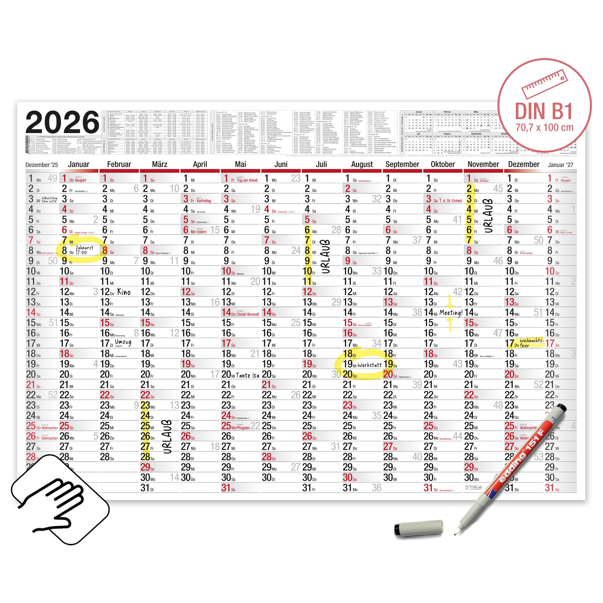 Wandkalender 2026 "Big Planer" [abwischbar] Kalender + 1 Stift