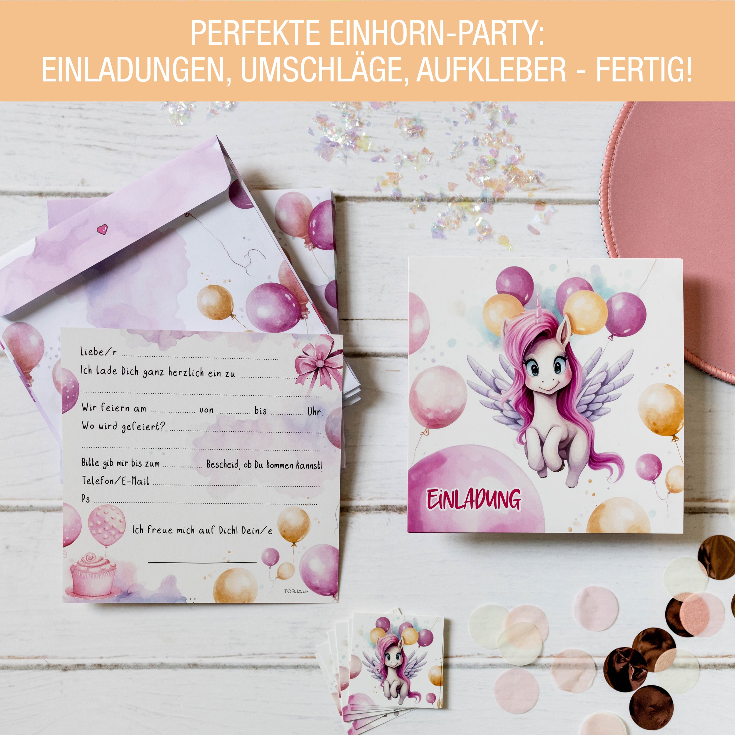 Einladungskarten Einhorn inkl. Sticker 10er Set Einladungskarten Einhorn inkl. Sticker 10er Set