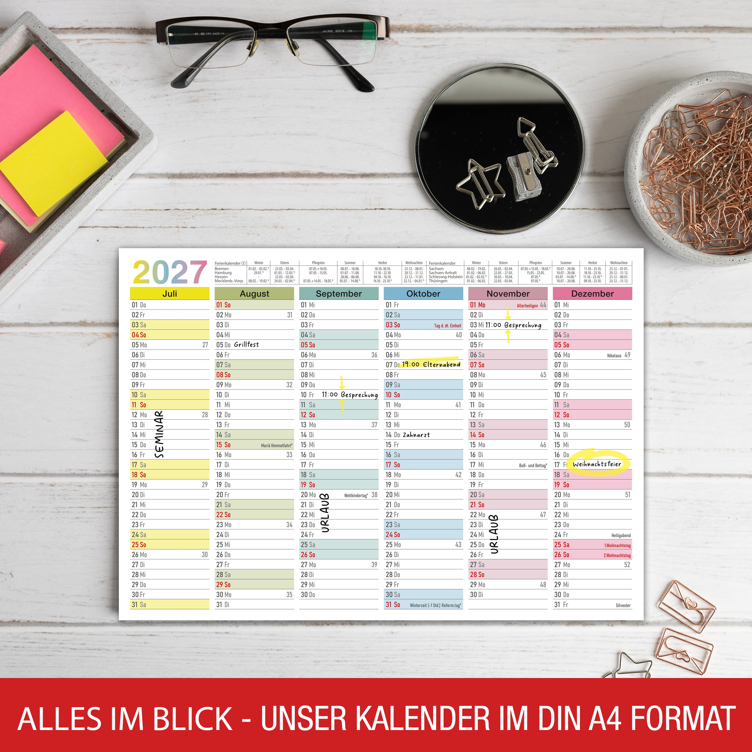 Tafelkalender 2027 Bunt A4 - 3er Set