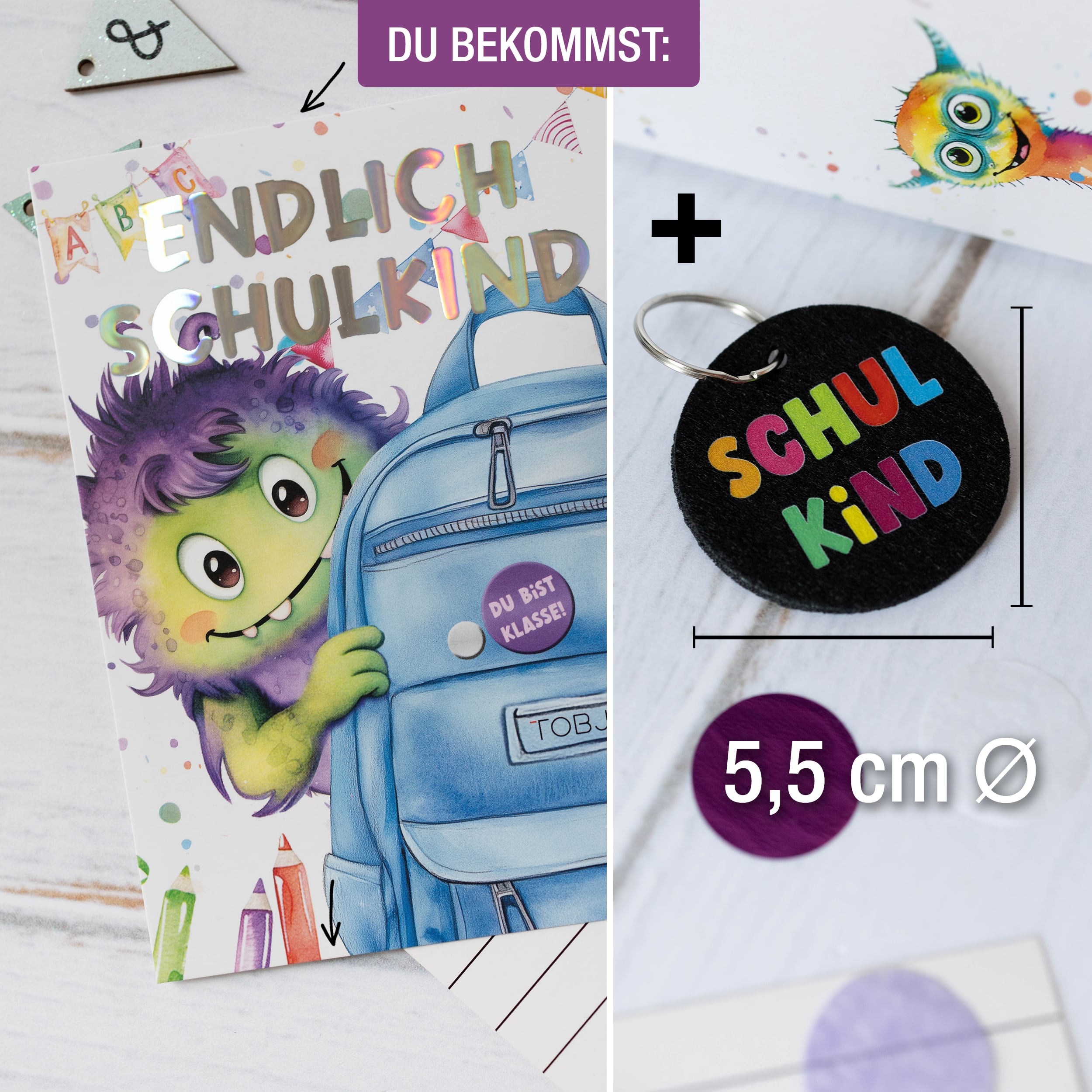 A6 Karte Glückwunsch Einschulung Monster + Anhänger Mit Name