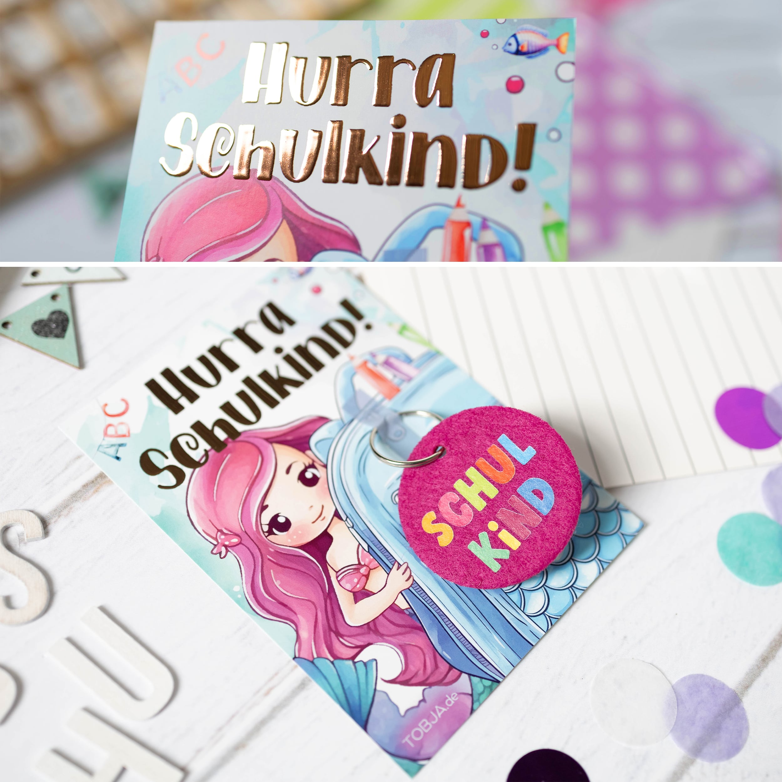 A6 Karte Glückwunsch Einschulung Meerjungfrau + Anhänger Ohne Name