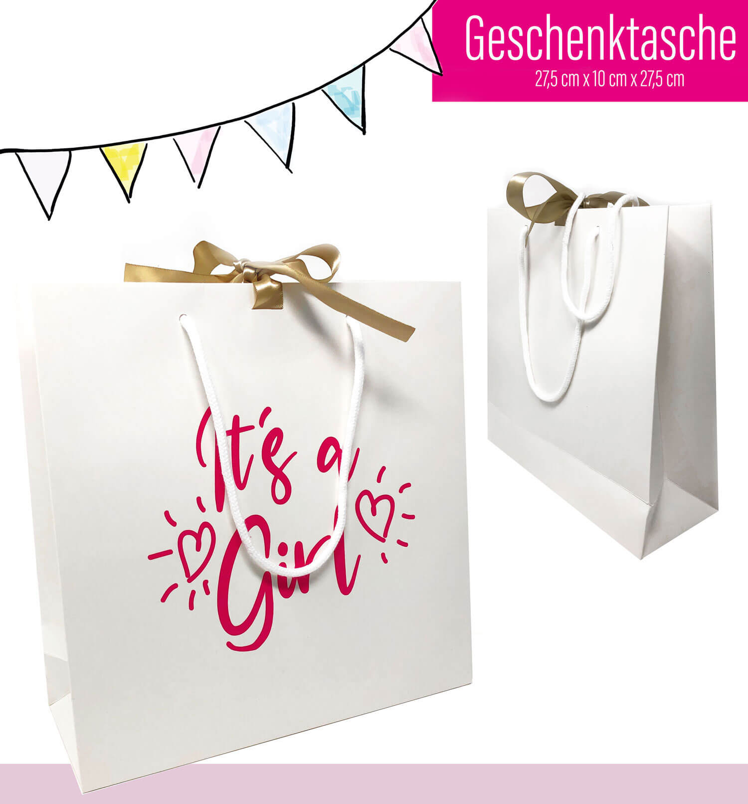 Geschenkset Geburt Mädchen - Plüsch Sparschwein, Karte, Mulltuch und hochwertige Tasche