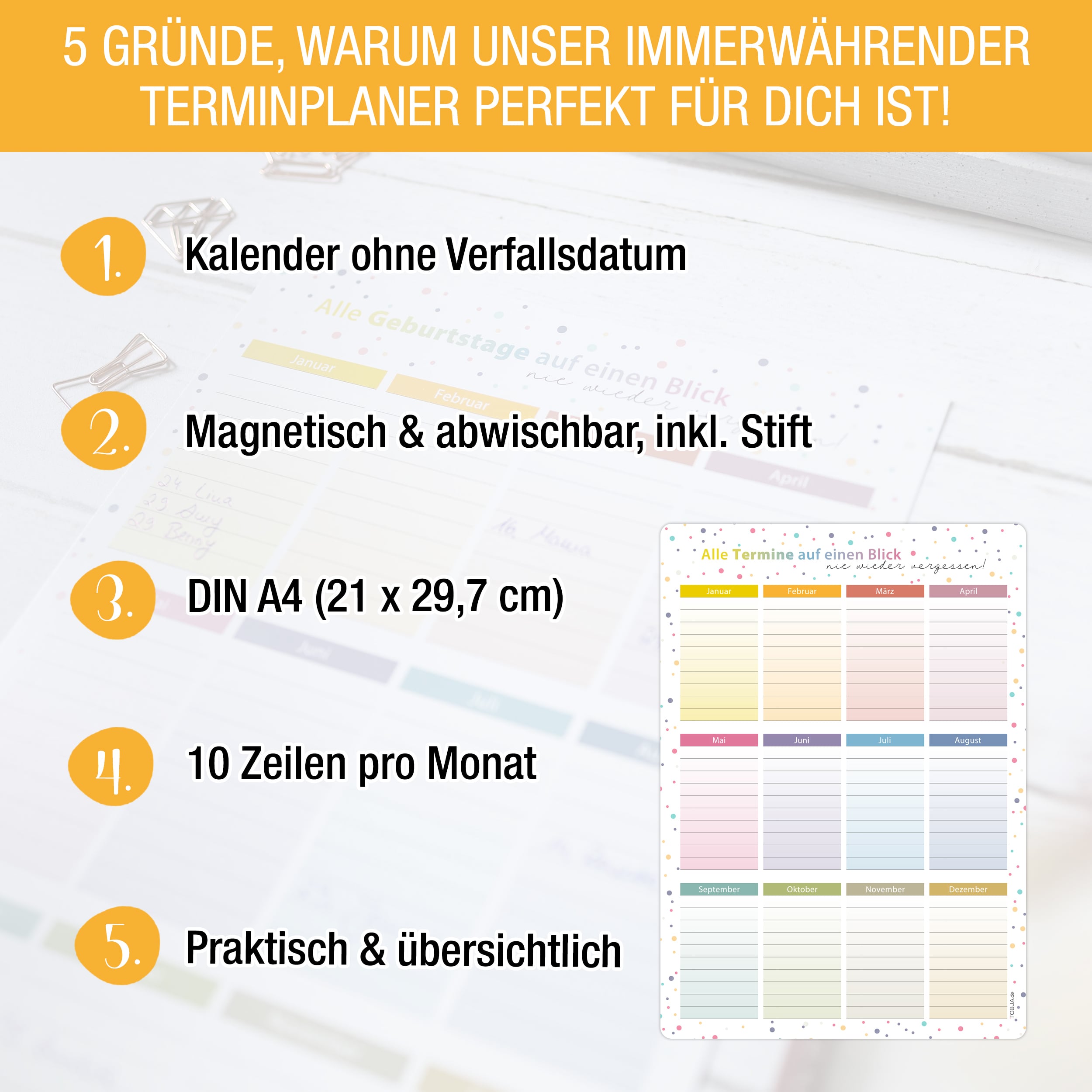 A4 Immerwährender Geburtstagskalender Dots magnetisch [inkl Stift] abwischbar Geburtstagskalender