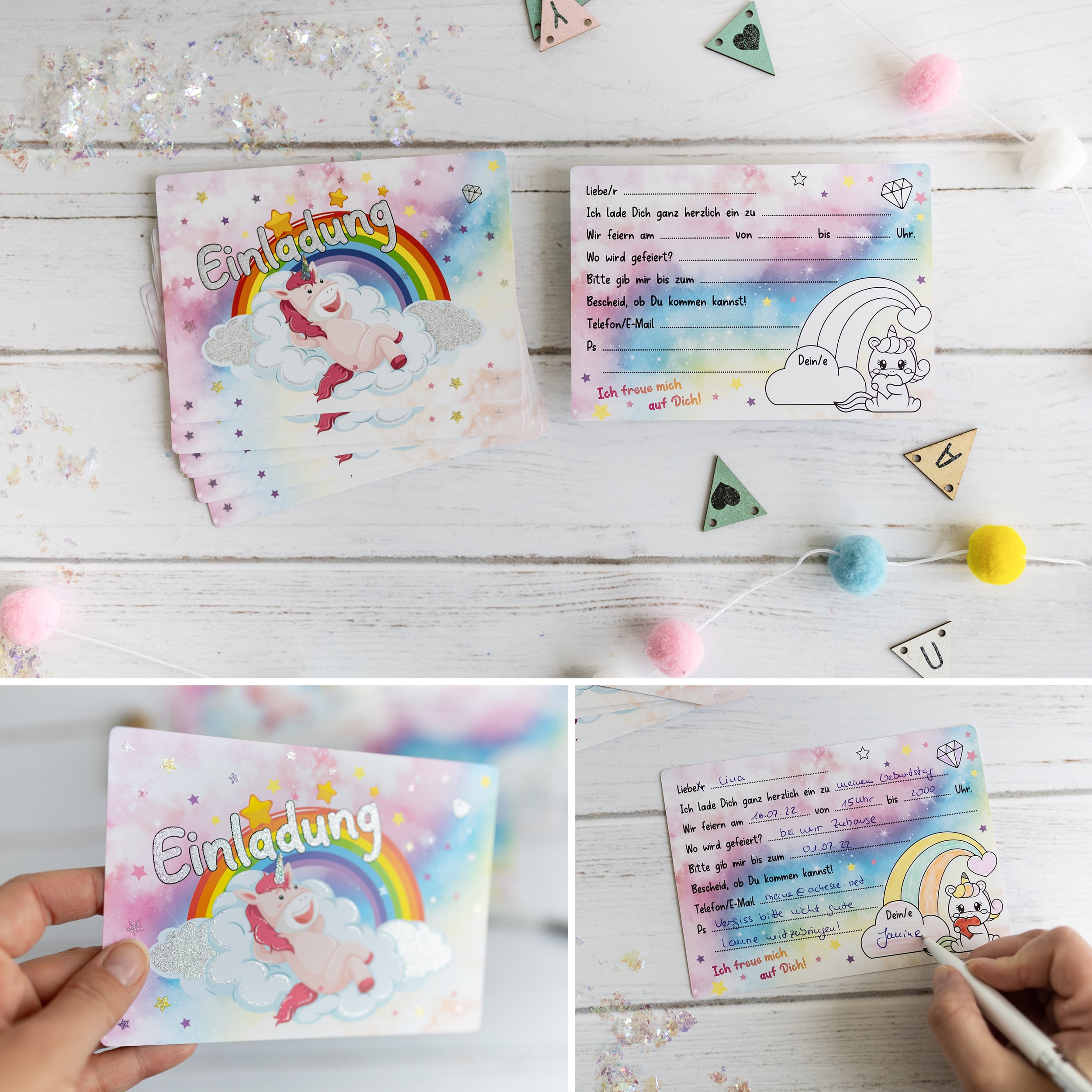 12 Einladungskarten Kindergeburtstag "Glitzer Einhorn" 12 Einladungskarten Kindergeburtstag "Glitzer Einhorn"