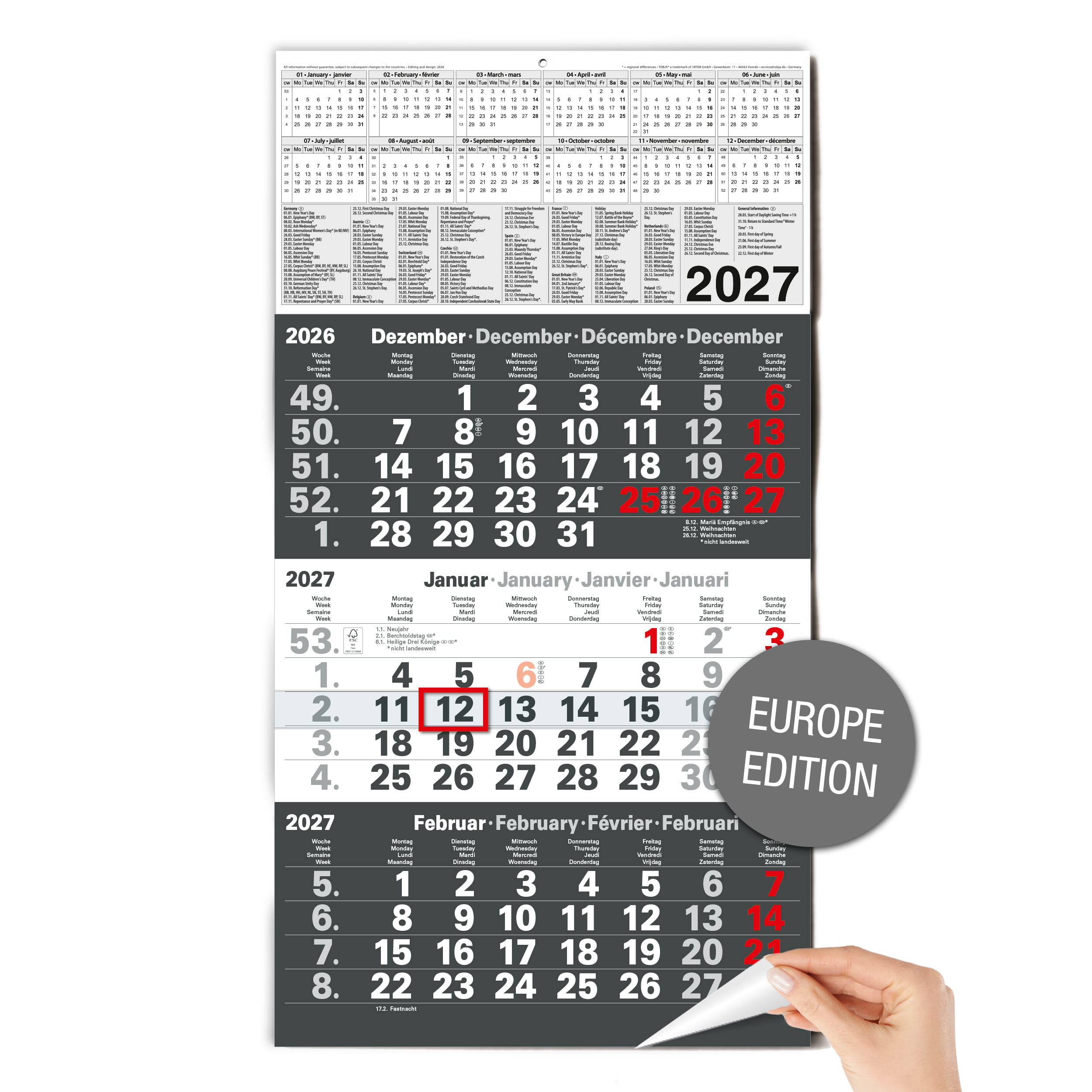 3-Monatskalender 2027 Europe Edition Englisch