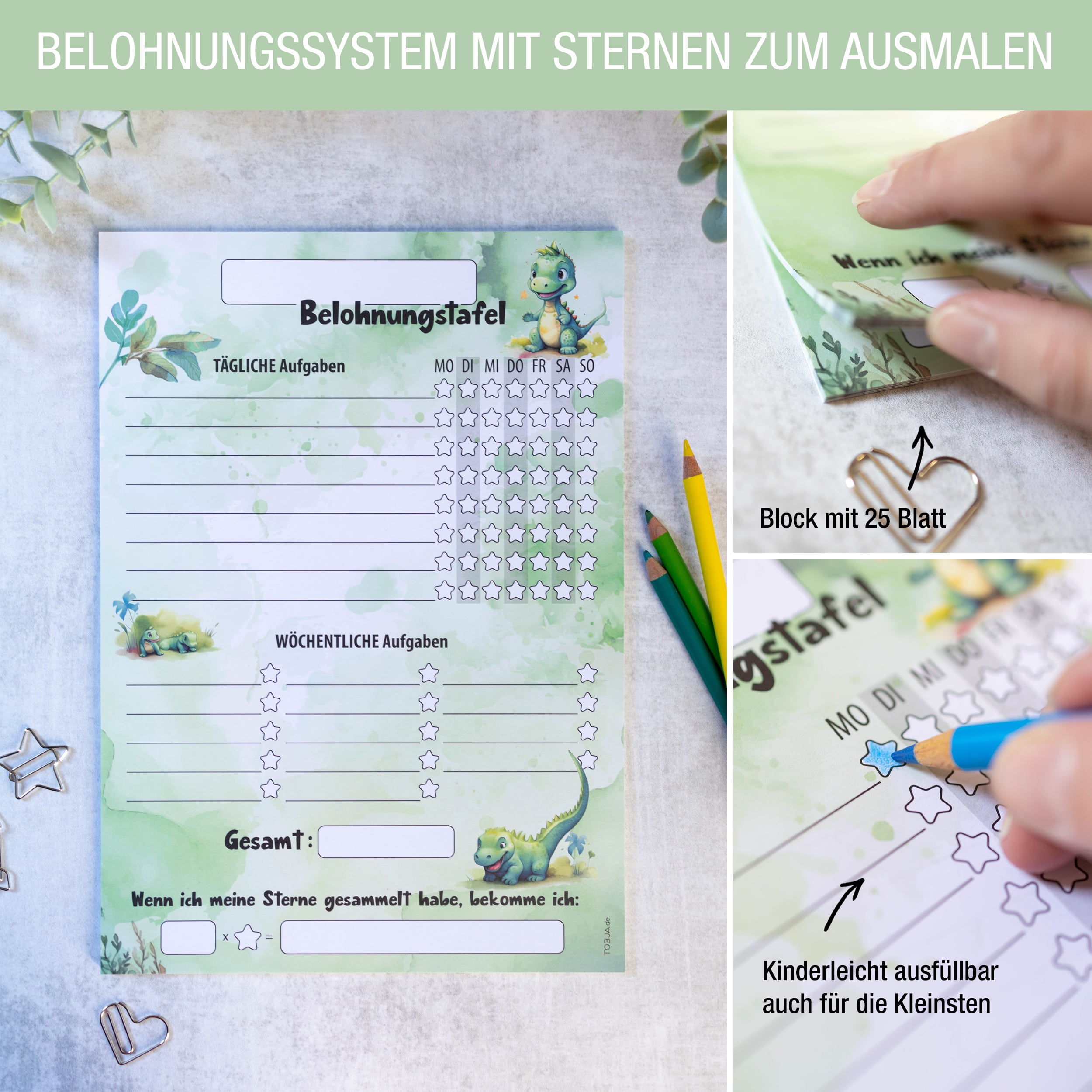 Belohnungstafel Kinder 25 Blatt Dino