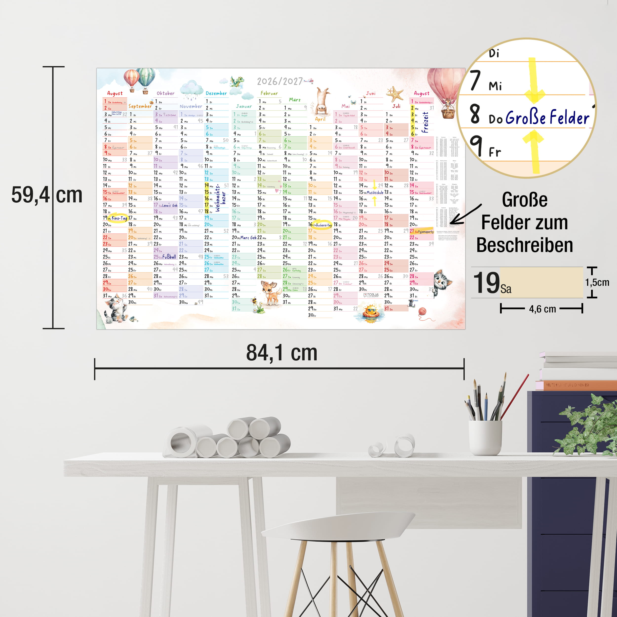 Schuljahreskalender A1 2026/2027 „Tierwelt Pastell"