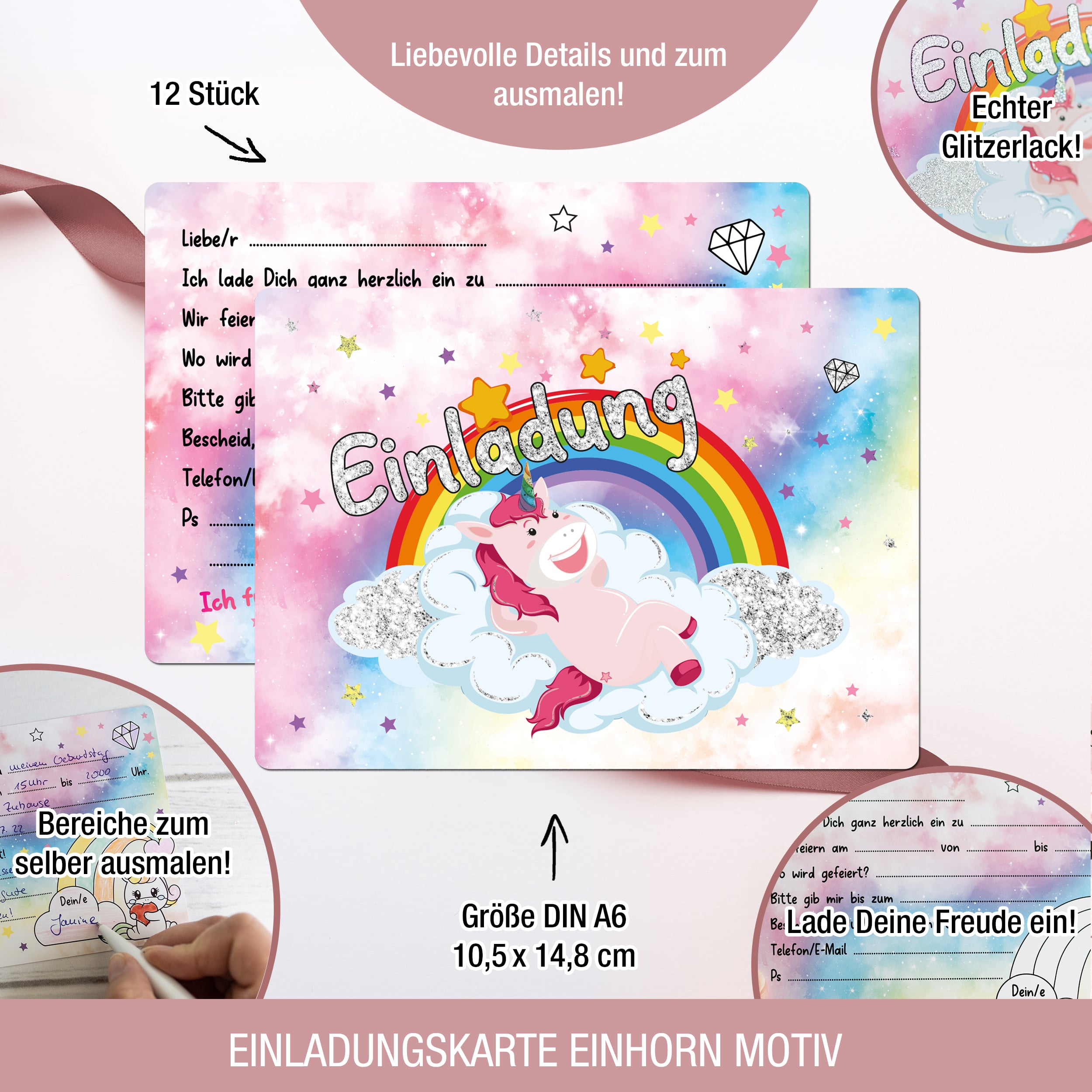 12 Einladungskarten Kindergeburtstag "Glitzer Einhorn" 12 Einladungskarten Kindergeburtstag "Glitzer Einhorn"