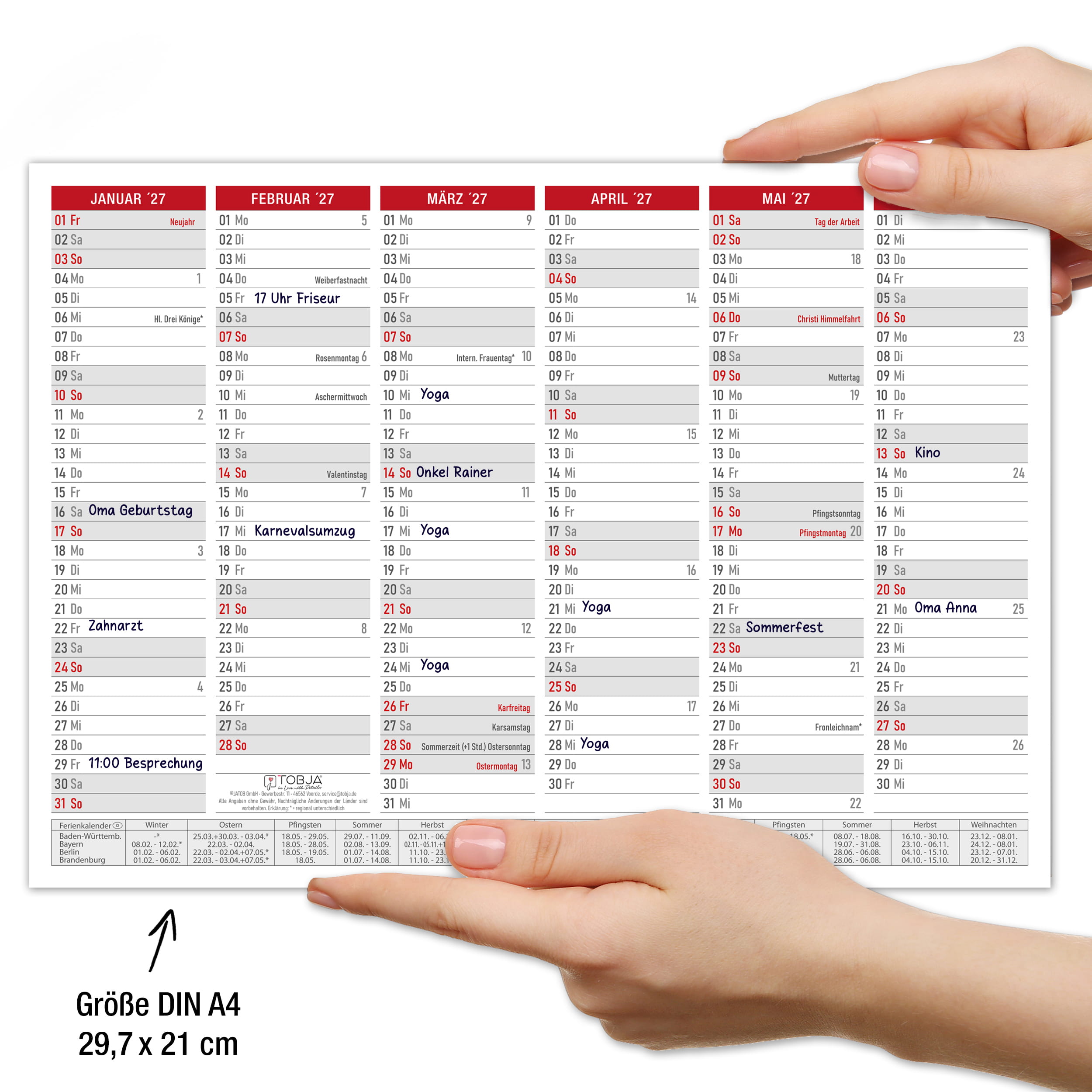 Tafelkalender 2027 Rot A4 - 3er Set