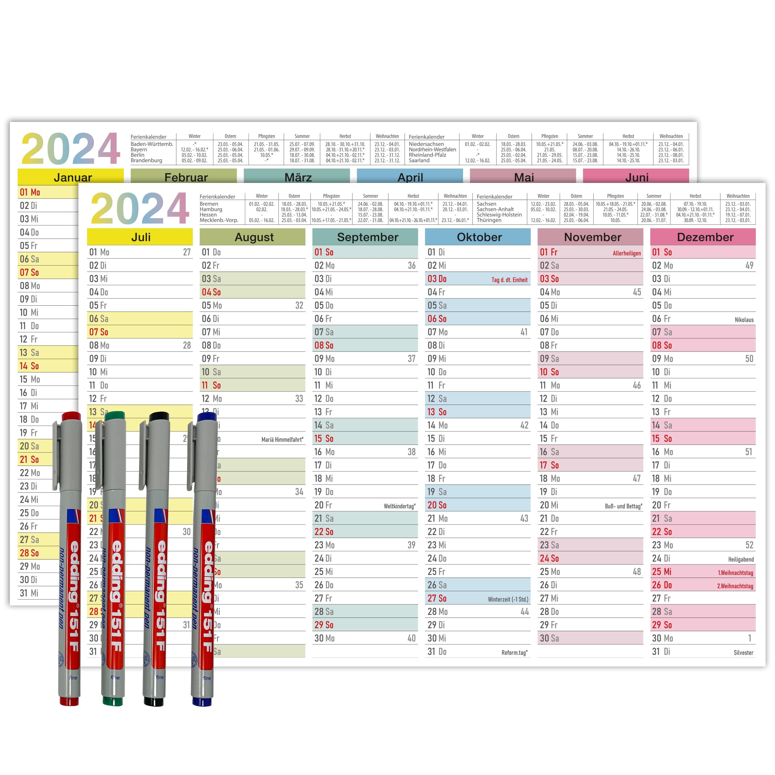Tafelkalender A4 2024 "bunt" abwischbar inkl. 4 Markenstifte bunt