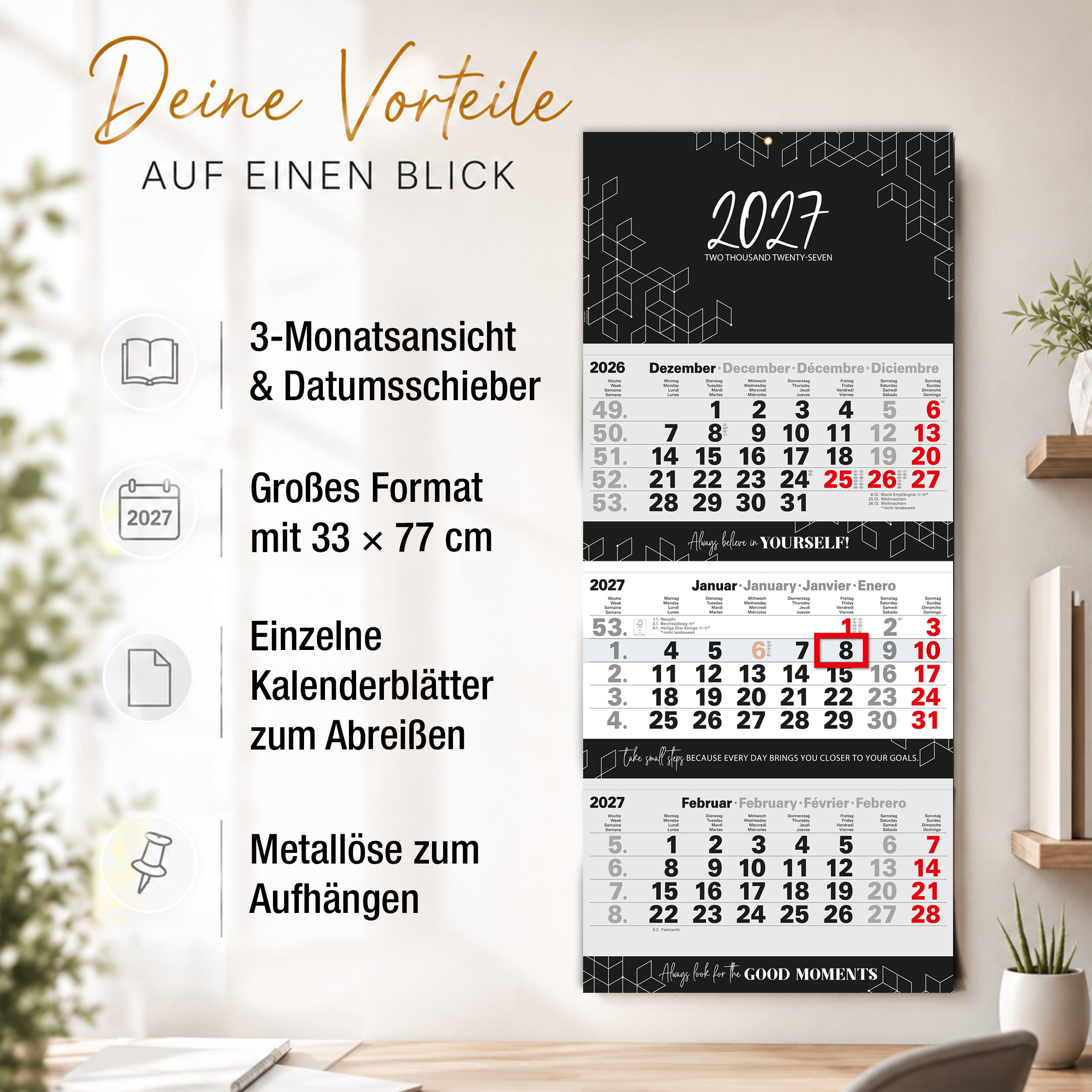 3-Monatskalender 2027 Block 33x77