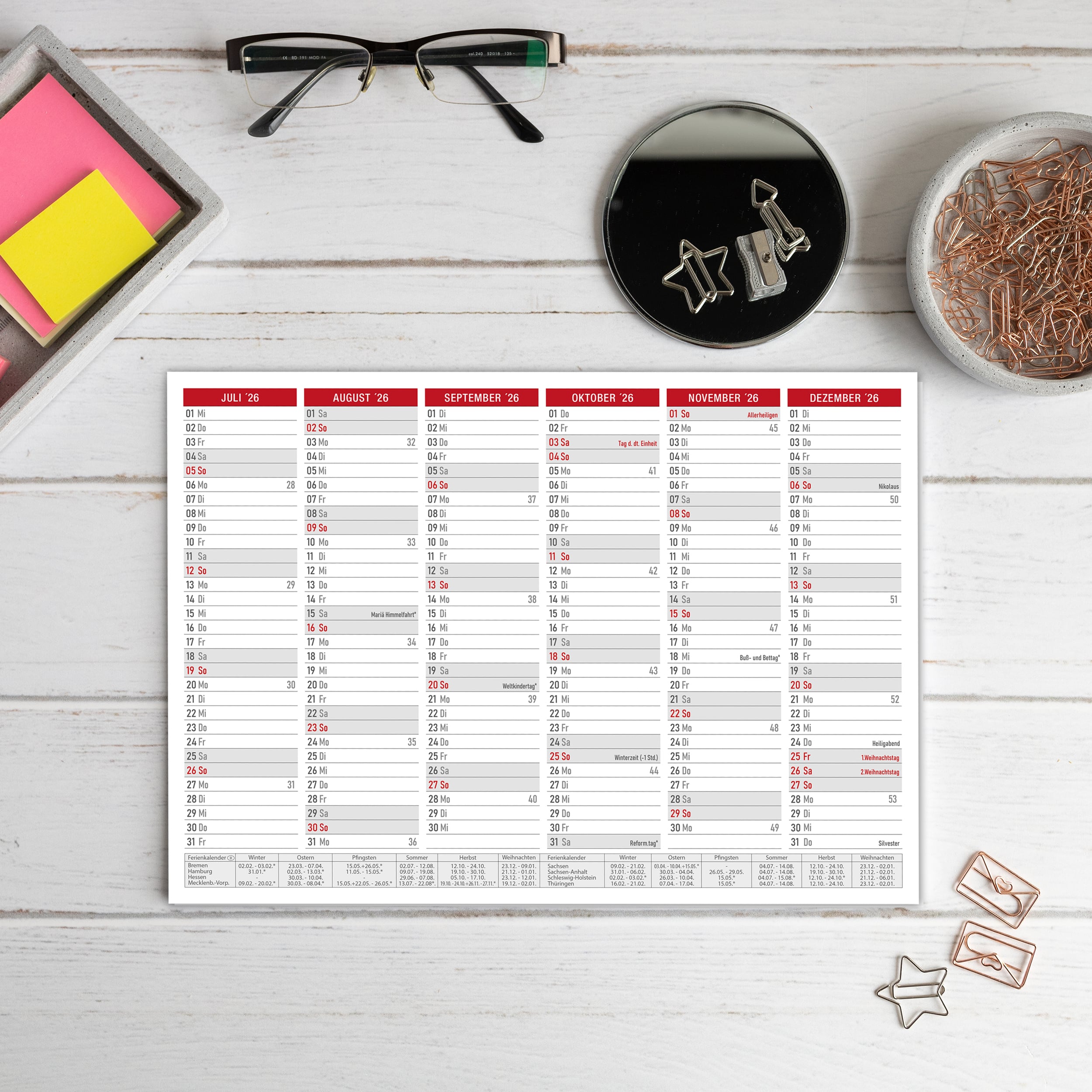 A4 abwischbar Tafelkalender ROT +4 Stifte 2026 "Folie" Jahreskalender wiederbeschreibbar FSC