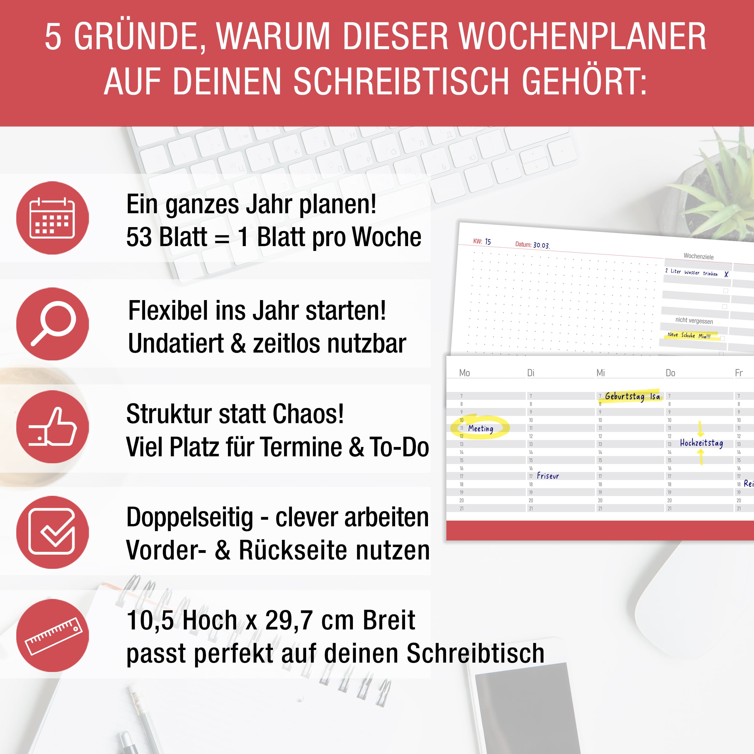 Roter Wochen-Tischkalender Block – 53 Seiten