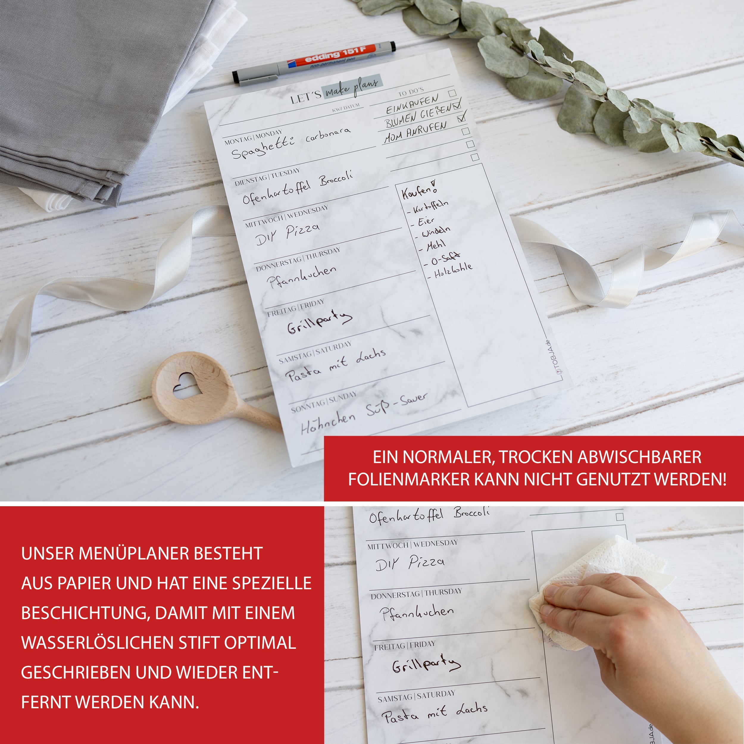 Menüplaner abwischbar inkl. Stift