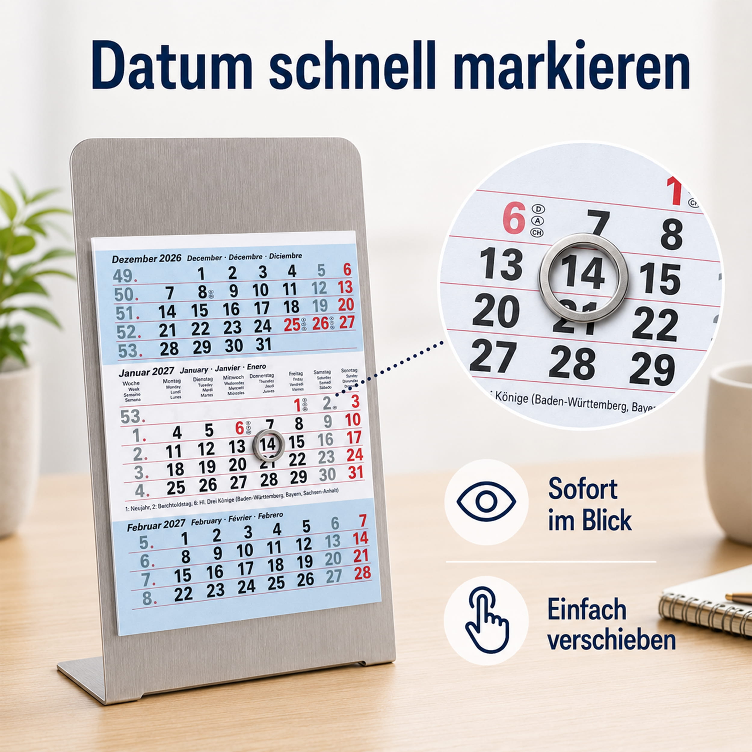Magnet-System Ice – Tischkalender 2027 mit Metallaufsteller