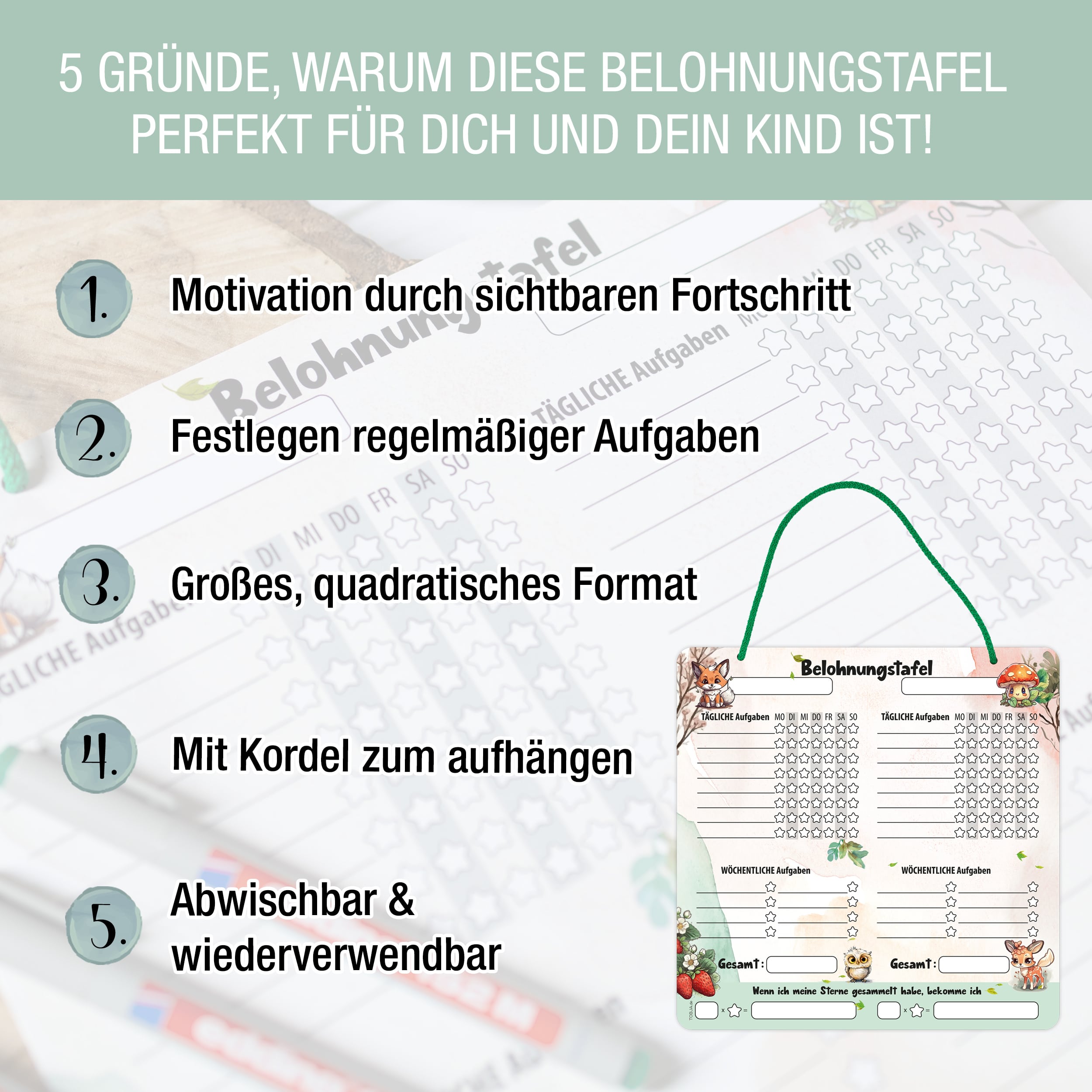 Belohnungstafel Quadratisch Waldtiere mit Kordel
