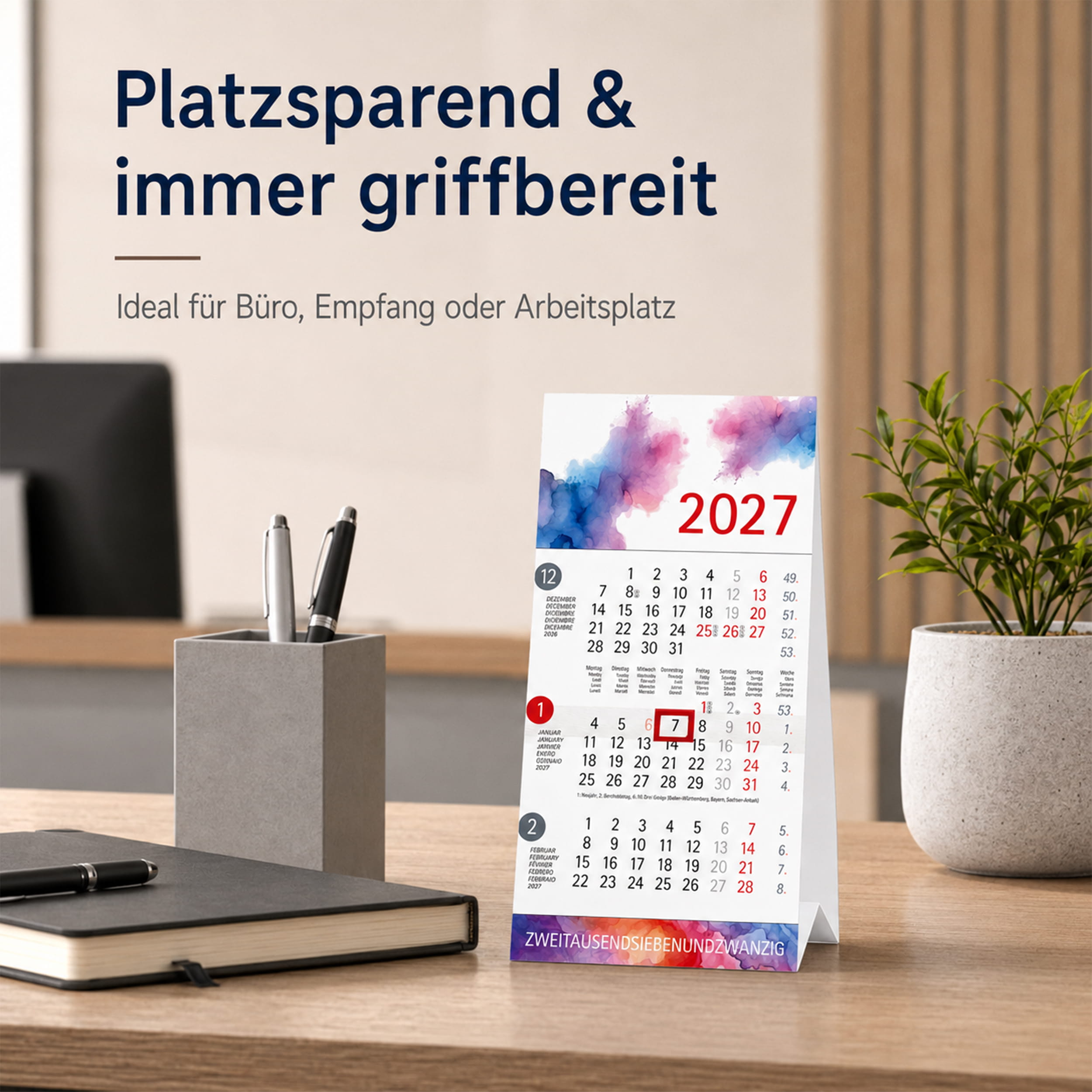 Tischkalender 2027 Aquarell – 3 Monatskalender
